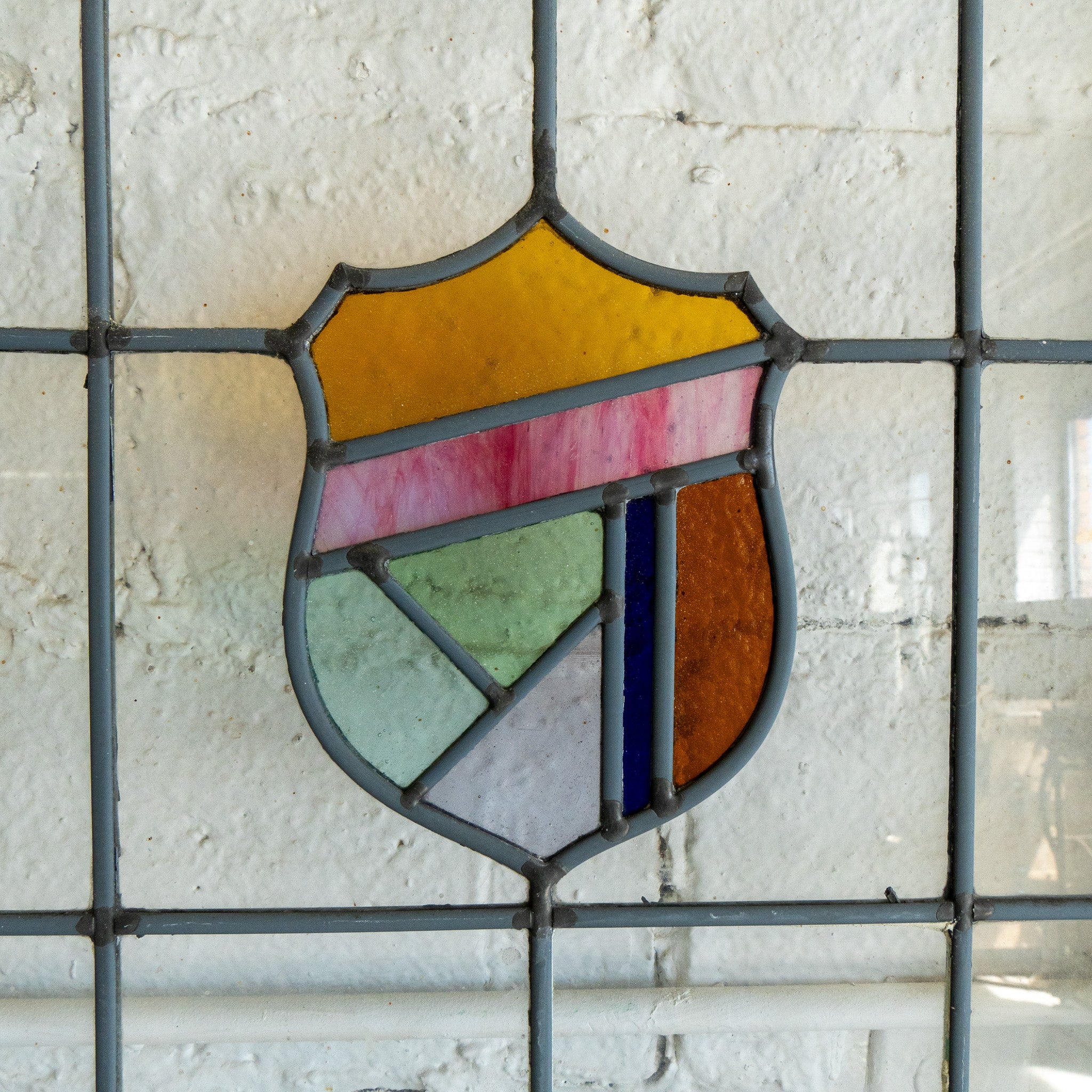 Salvaged School Door with Stained Glass Window