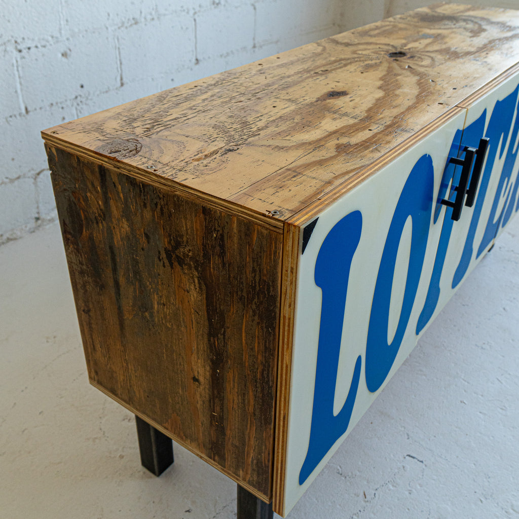 Blue lotto credenza 1 top view reclaimed wood