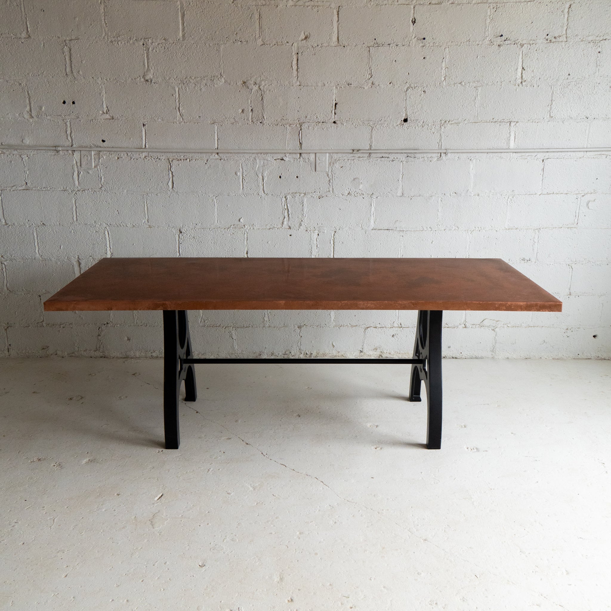 Copper Dining Table reclaimed plywood front view