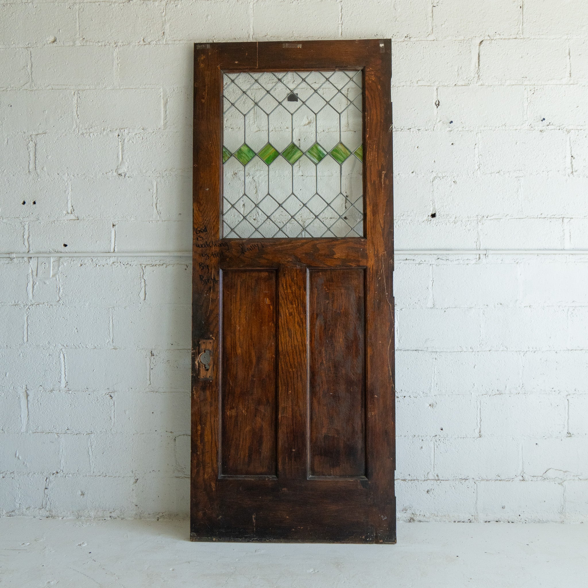 Salvaged Oak door with Stained Glass