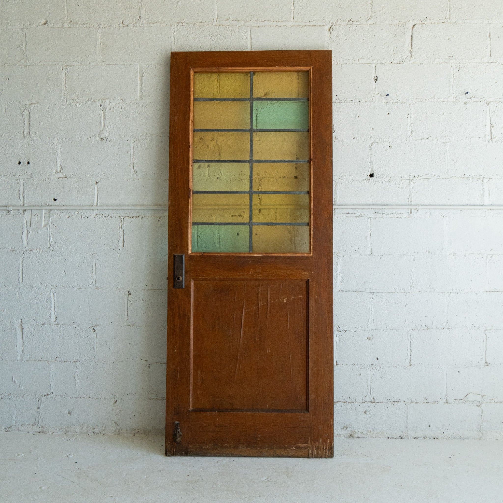 Salvaged Oak School Door with Stained Glass