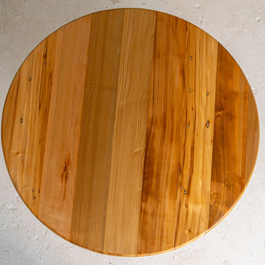 round mixed hardwood dining table top view reclaimed wood