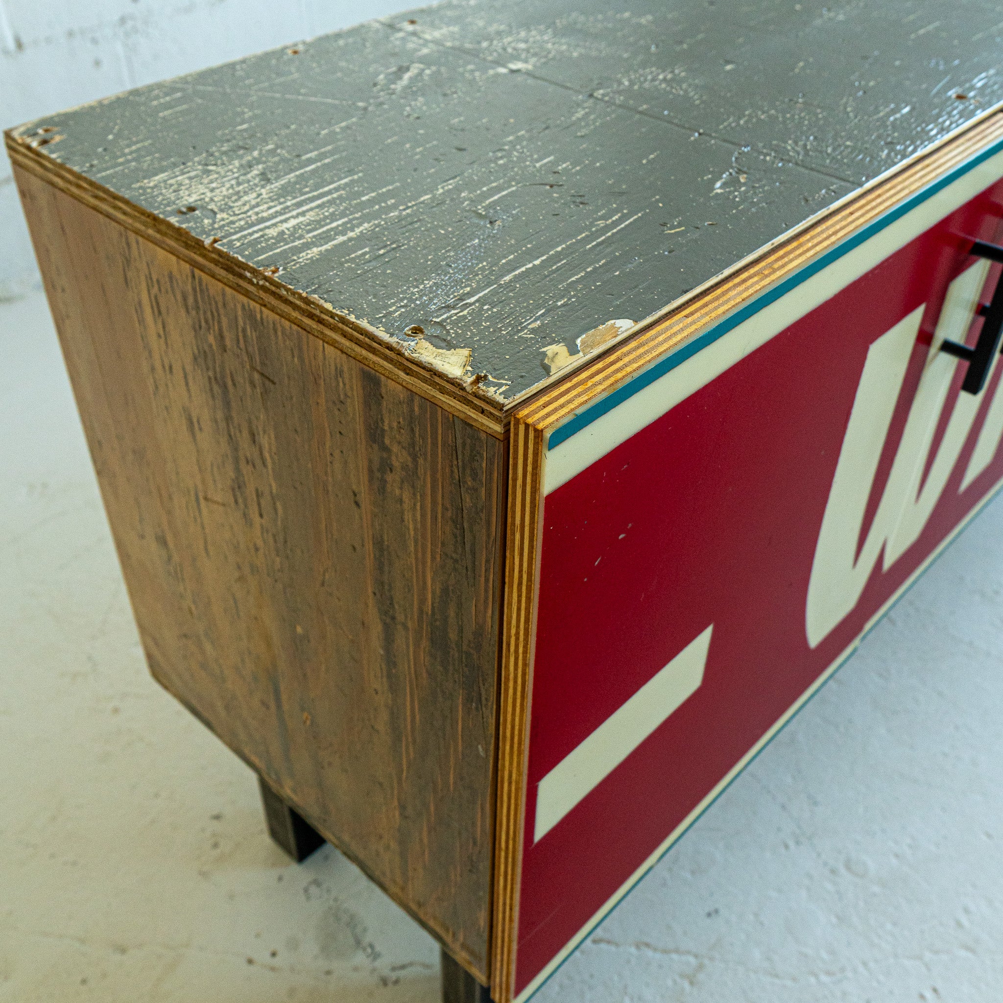 Wine credenza top view reclaimed wood