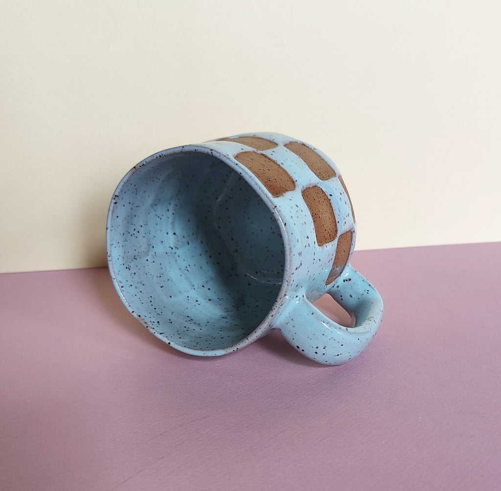 Handmade checkered mug blue ceramic