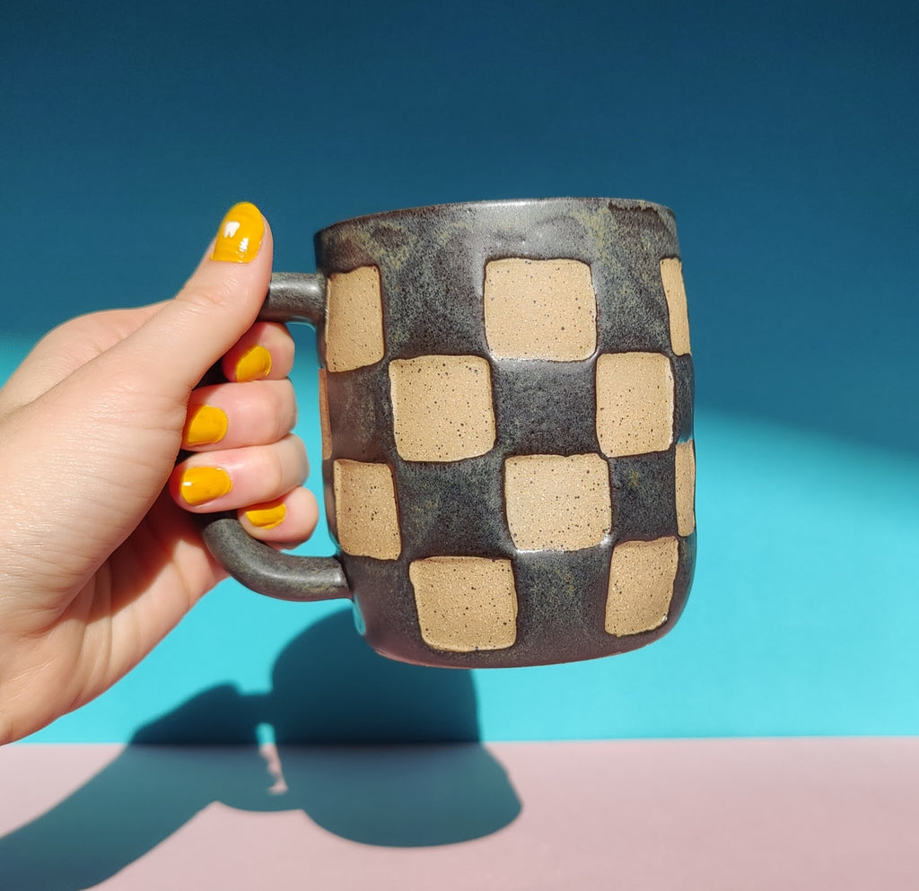 Handmade checkered mug black ceramic