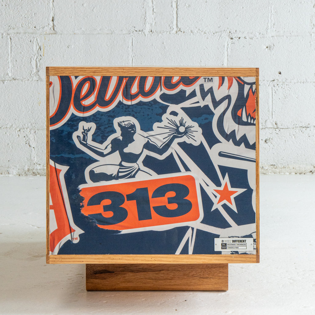 2 cubby with Spirit of Detroit and '313' design on a white brick wall background