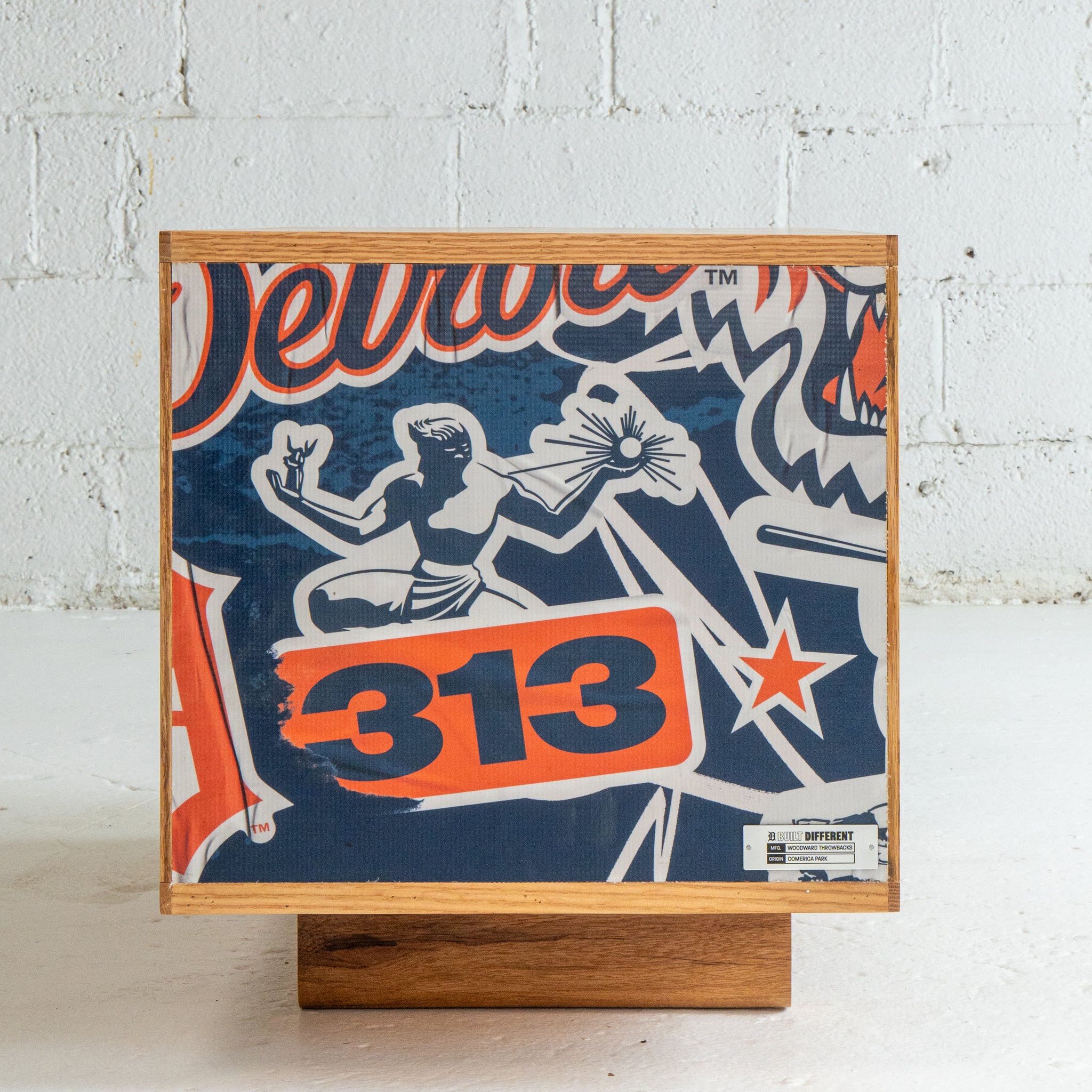 2 cubby with Spirit of Detroit and '313' design on a white brick wall background