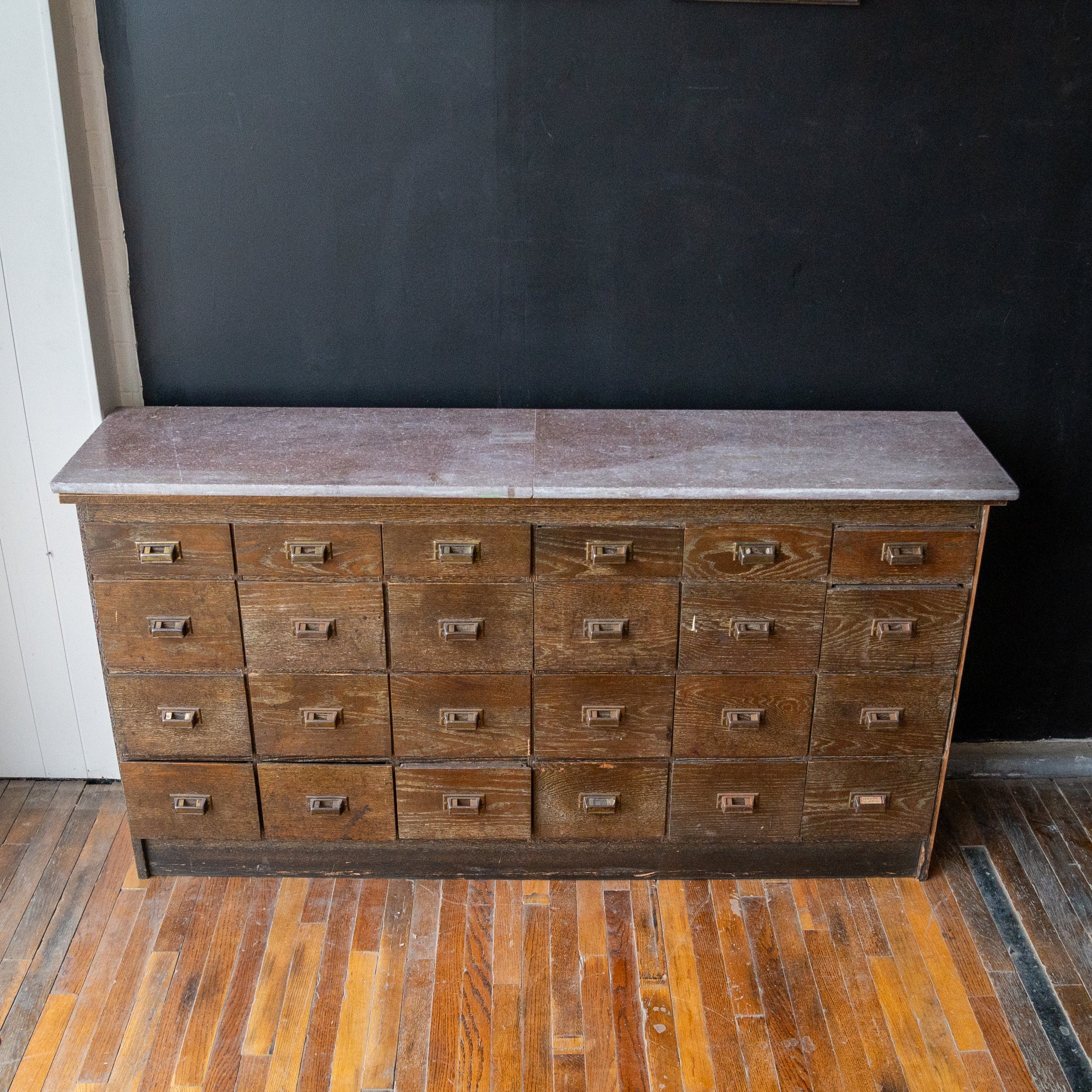 reclaimed apothecary cabinet oak red marble front view