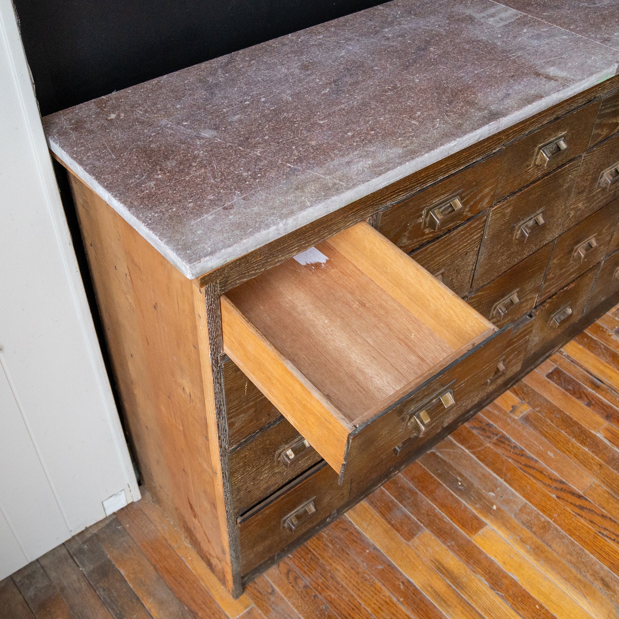 reclaimed apothecary cabinet oak red marble top and drawer view
