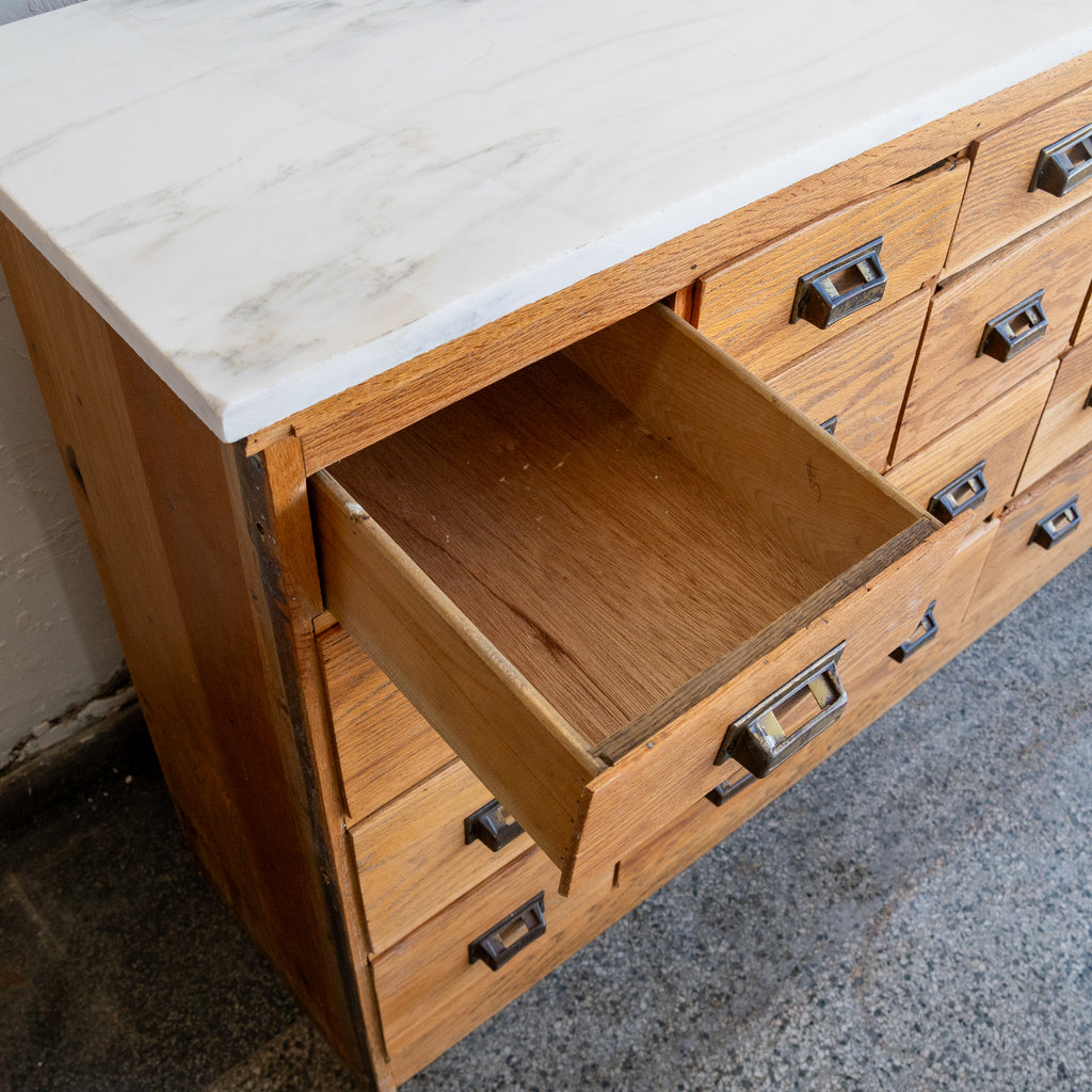 reclaimed apothecary cabinet oak top and drawer view