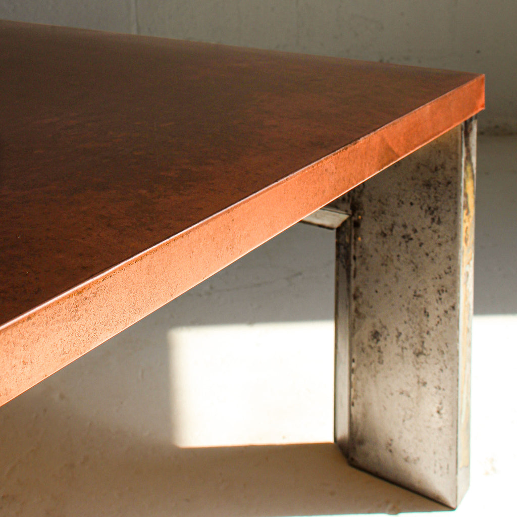 Book tower coffee table top and leg view reclaimed materials copper