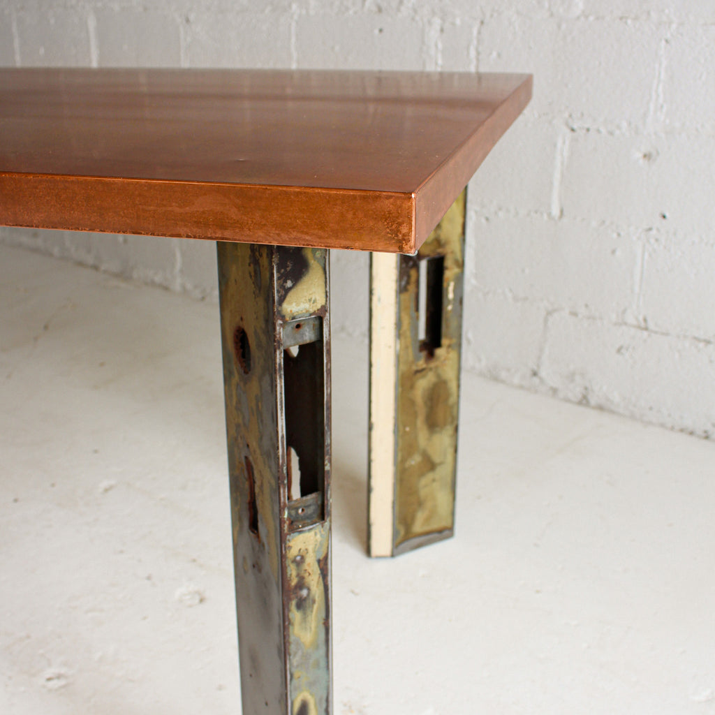 Book tower dining table top and leg view reclaimed materials copper top