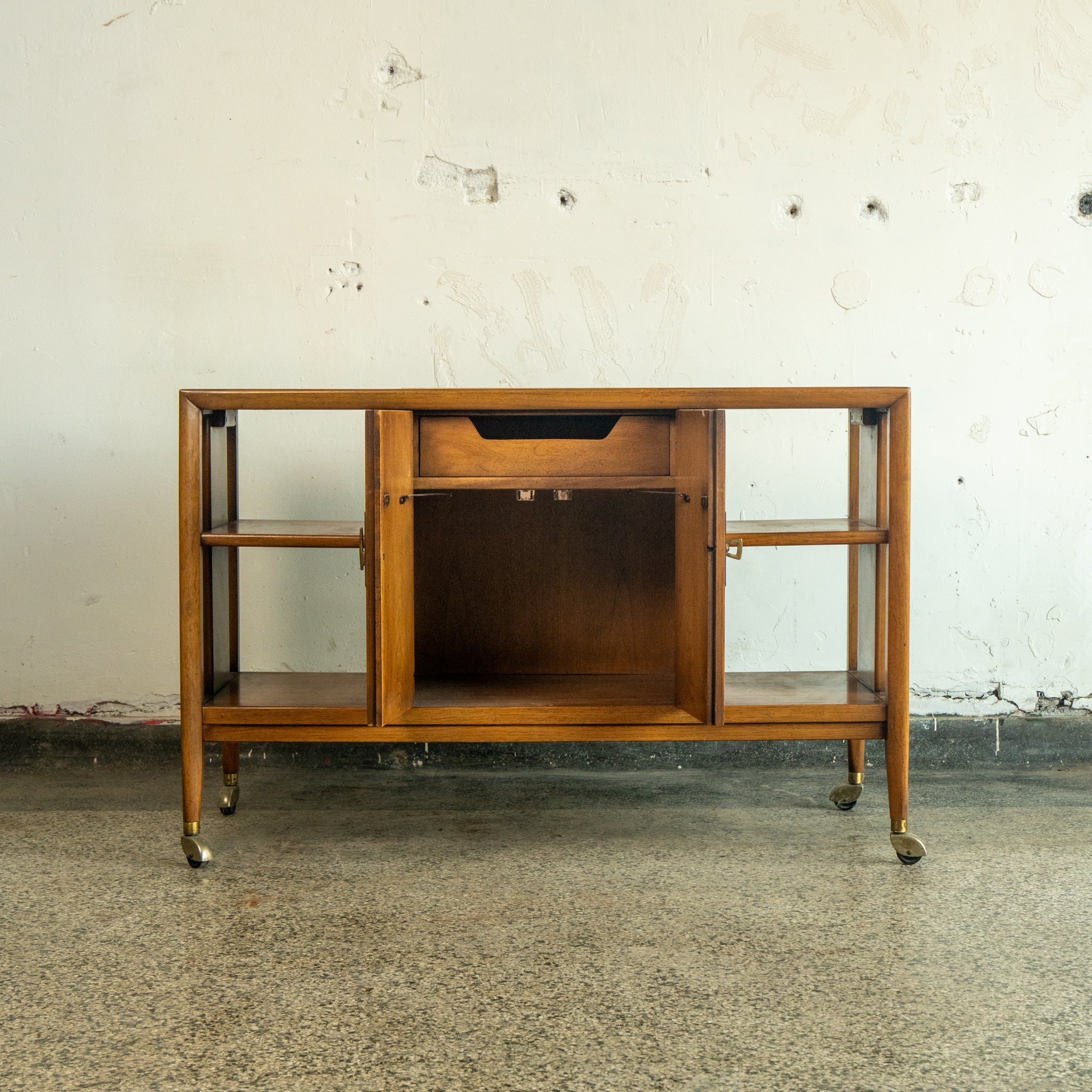 MCM walnut and travertine credenza