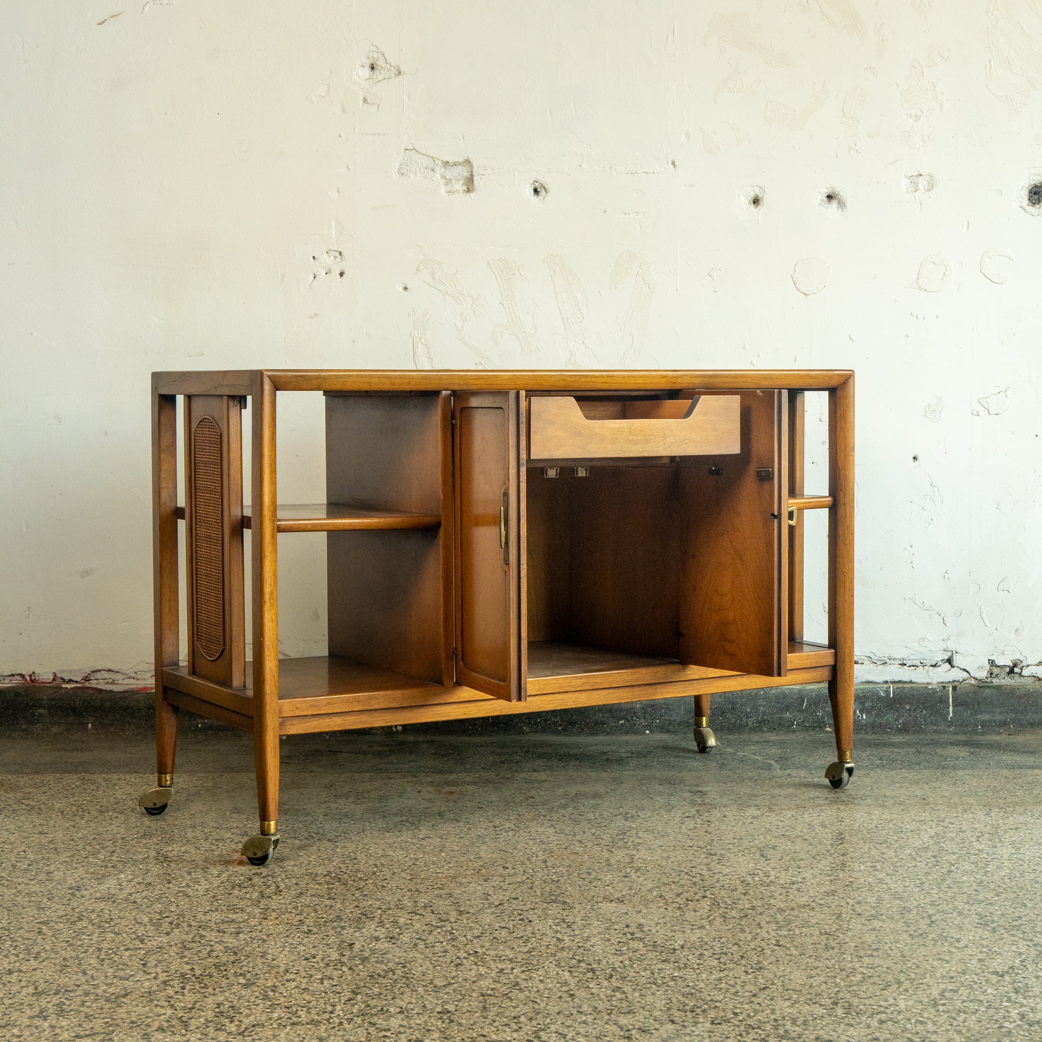MCM walnut and travertine credenza