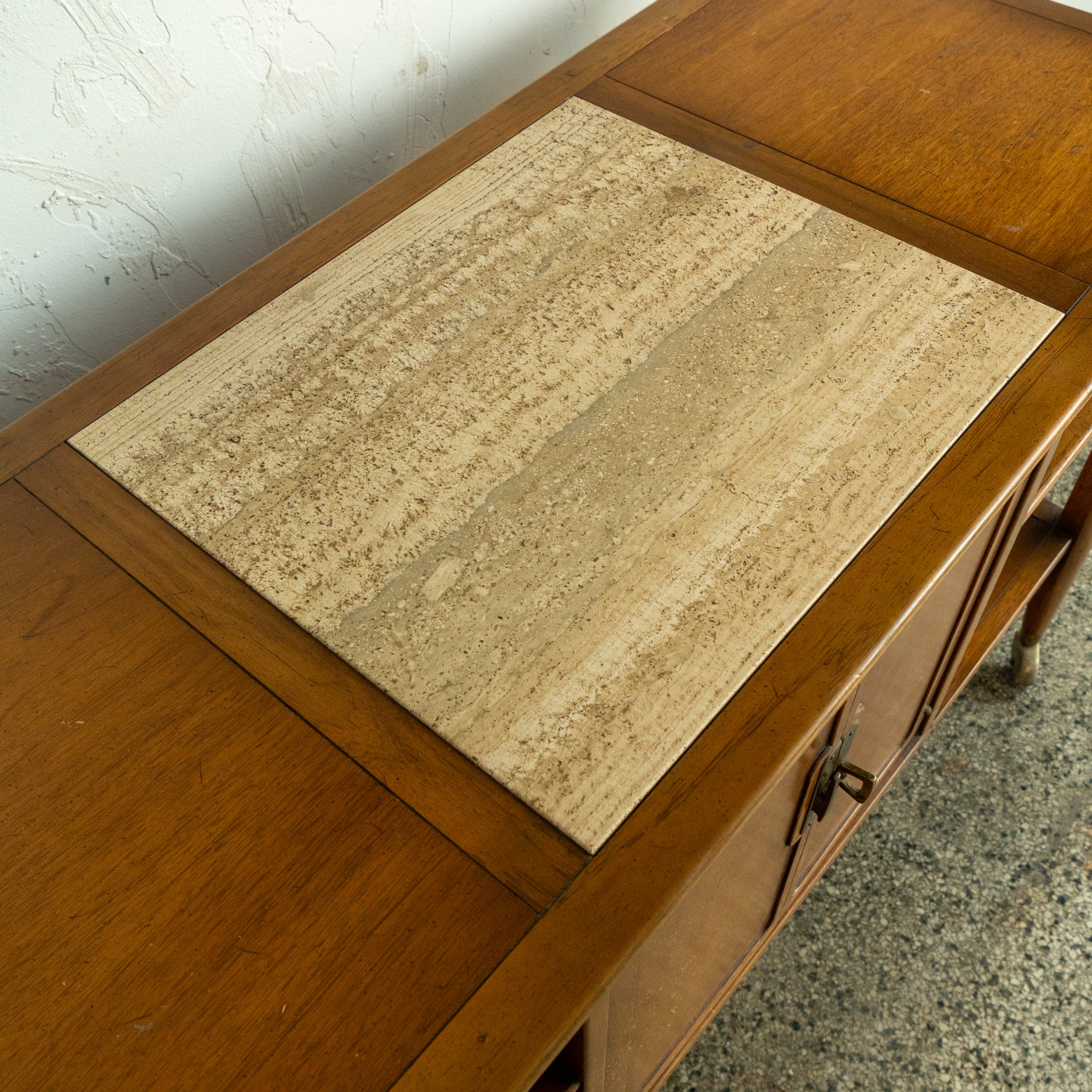 MCM walnut and travertine credenza