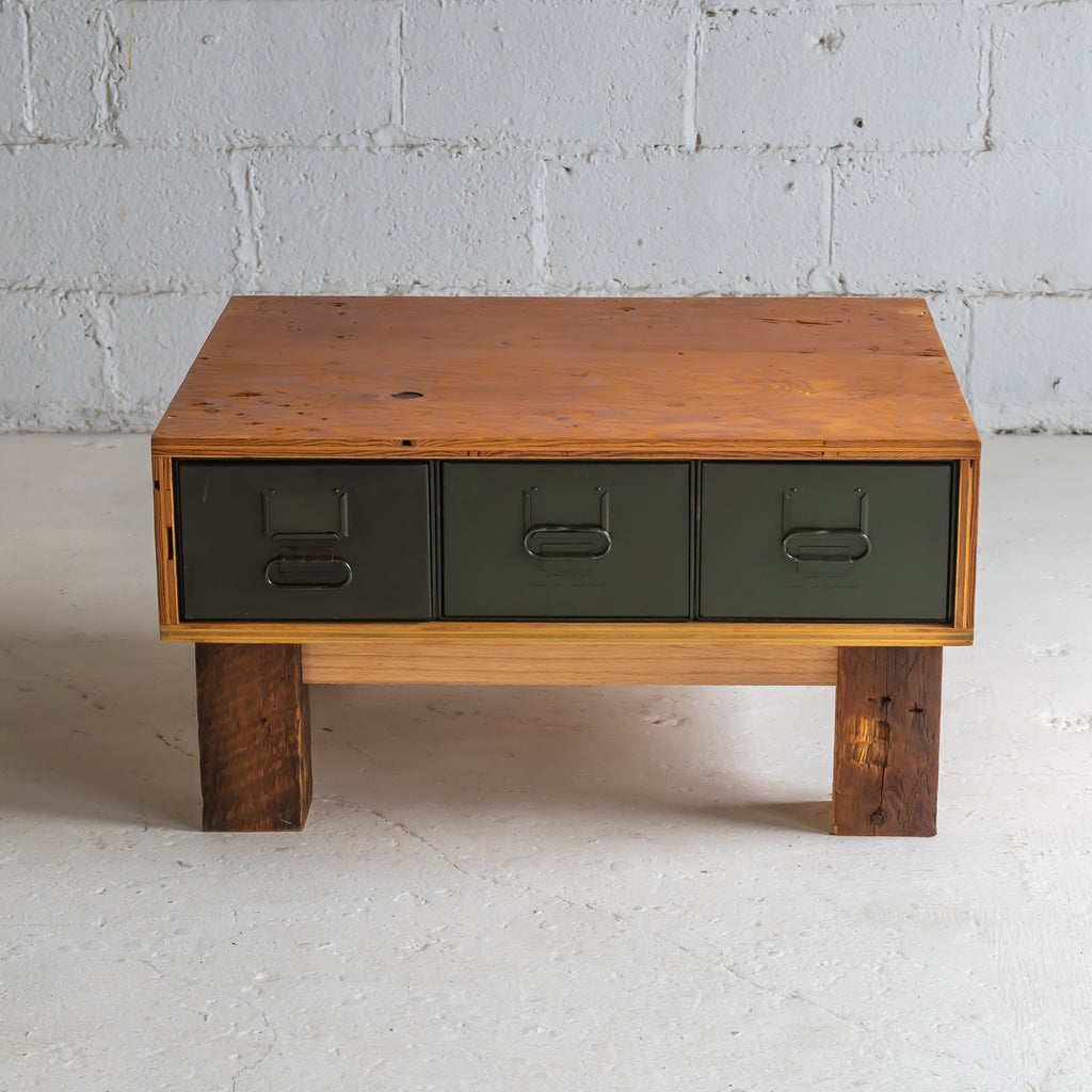 industrial 3 drawer coffee table front view reclaimed wood