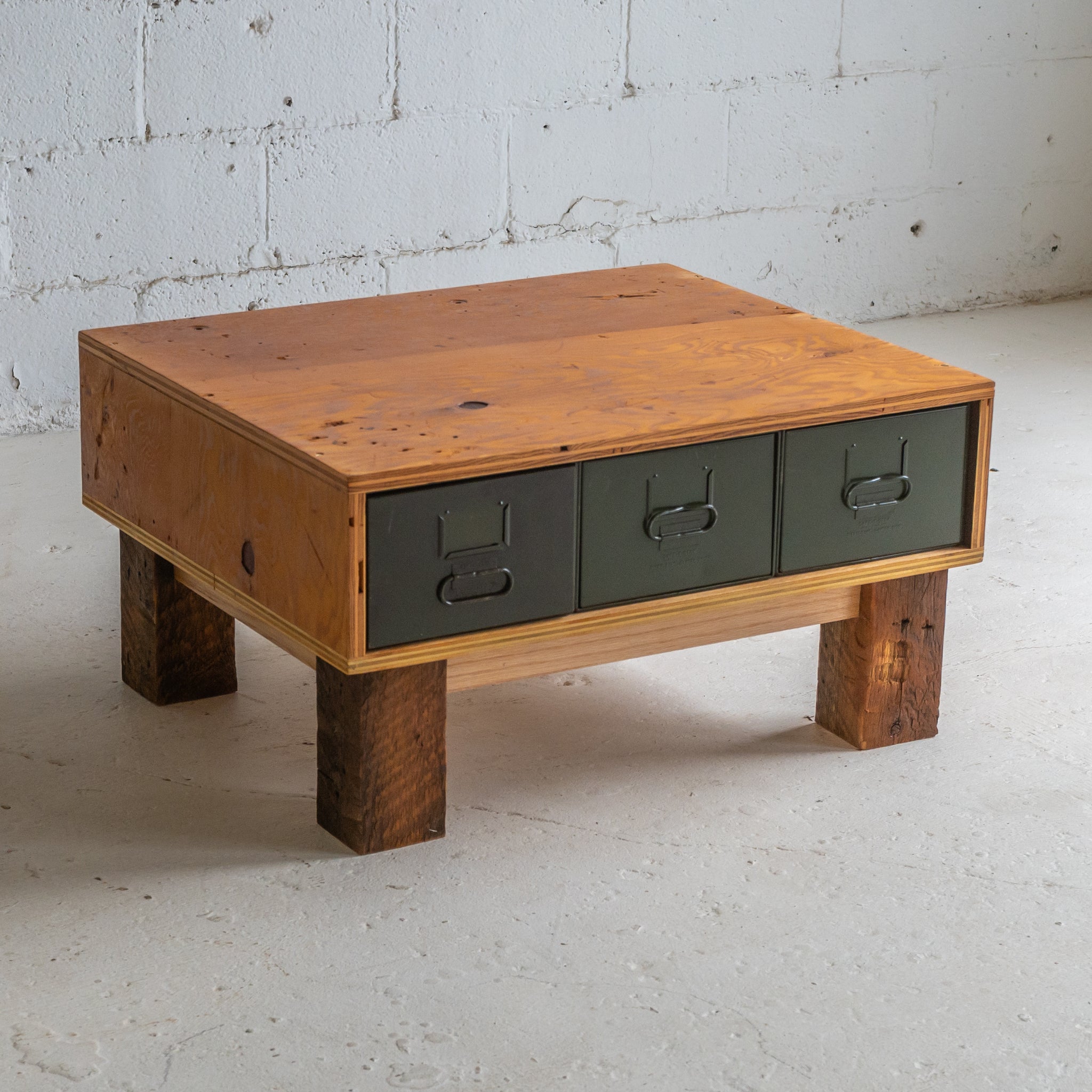 industrial 3 drawer coffee table full view reclaimed wood