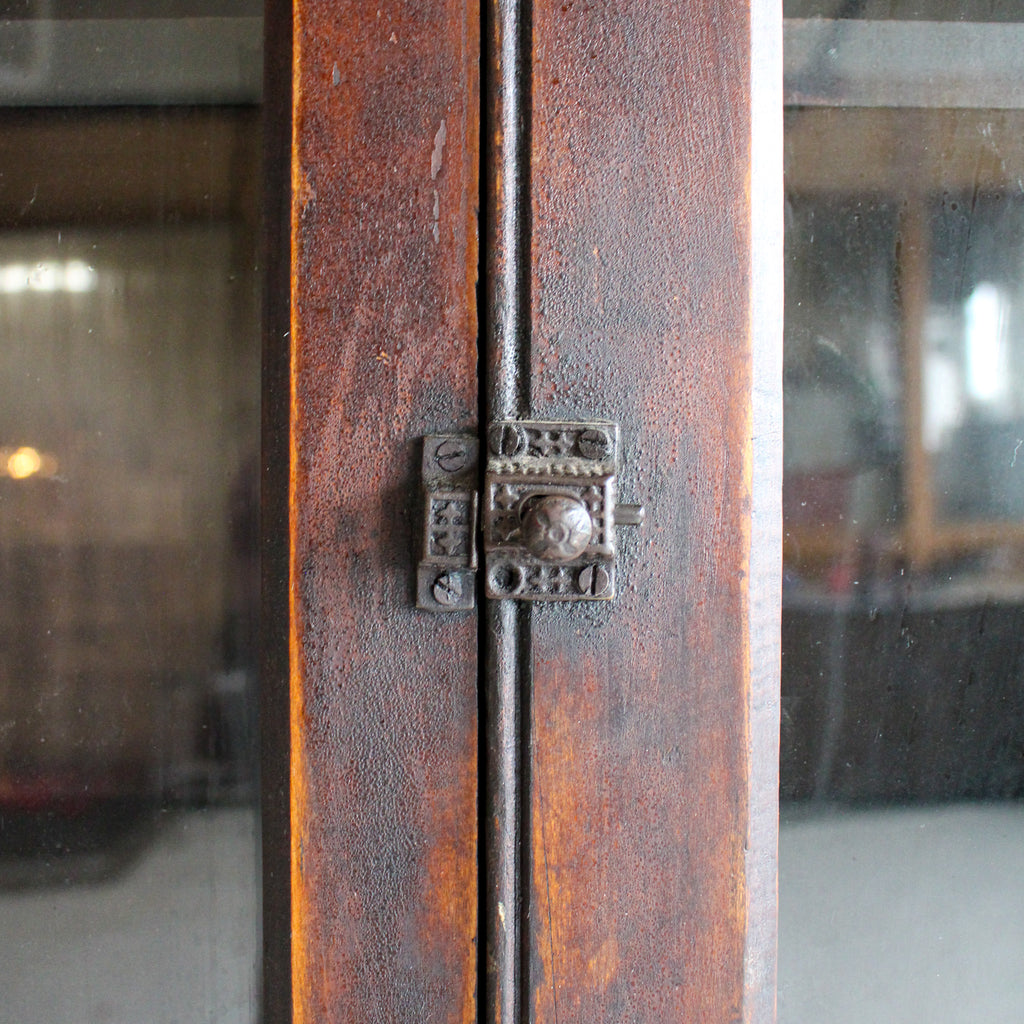 vintage dark wood two door hutch latch detail view