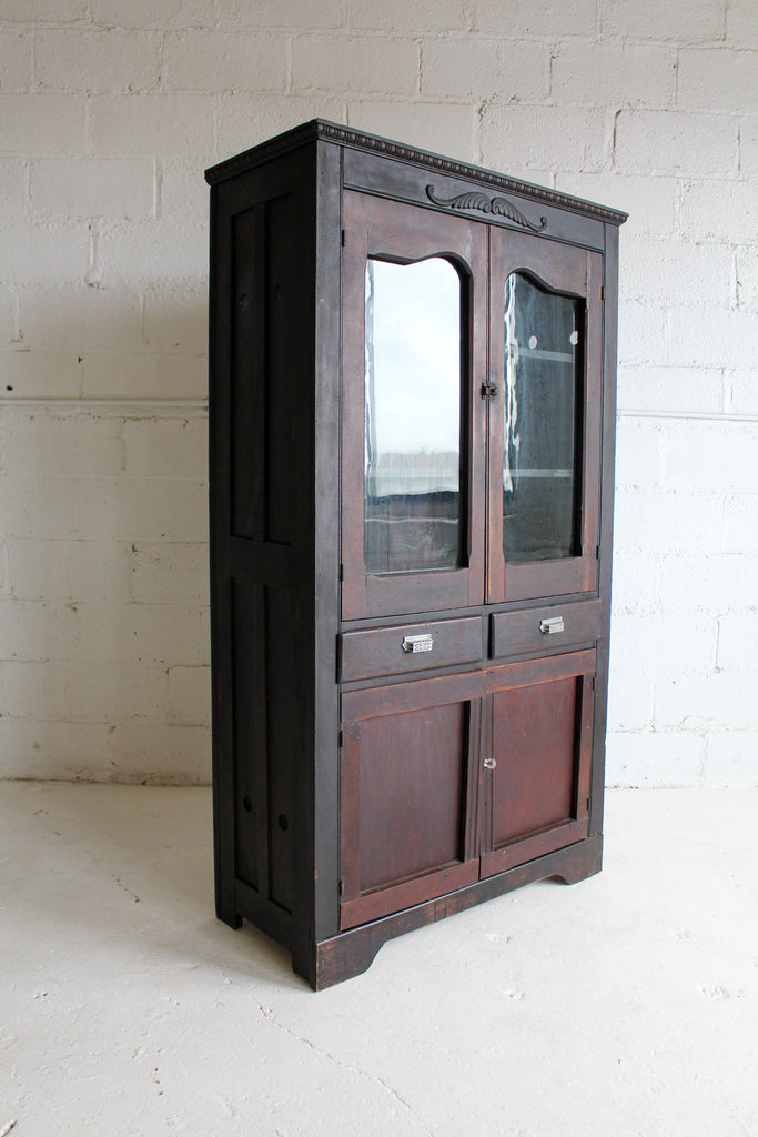 vintage dark wood two door hutch 3/4 view