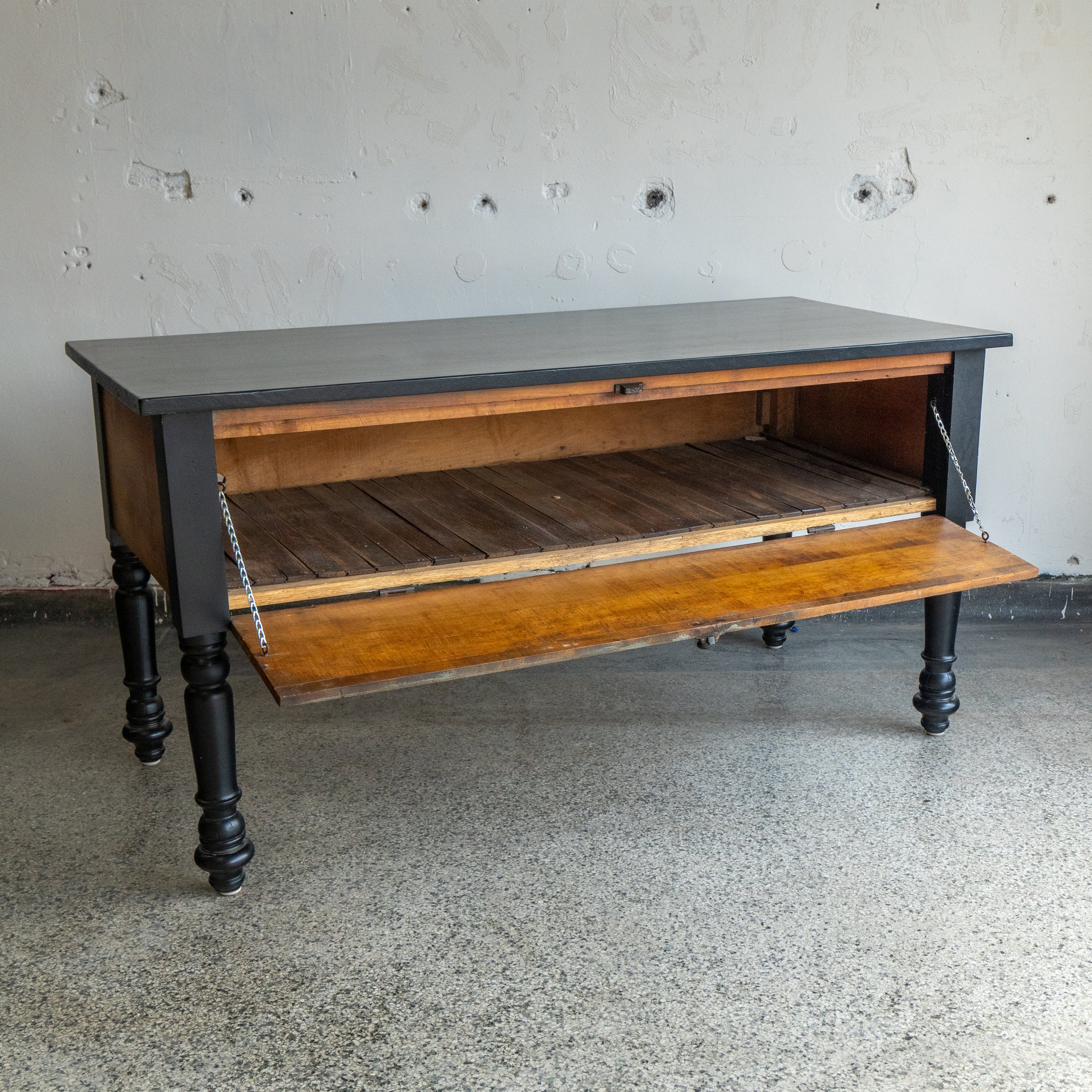 antique mercantile table inside view drawer open