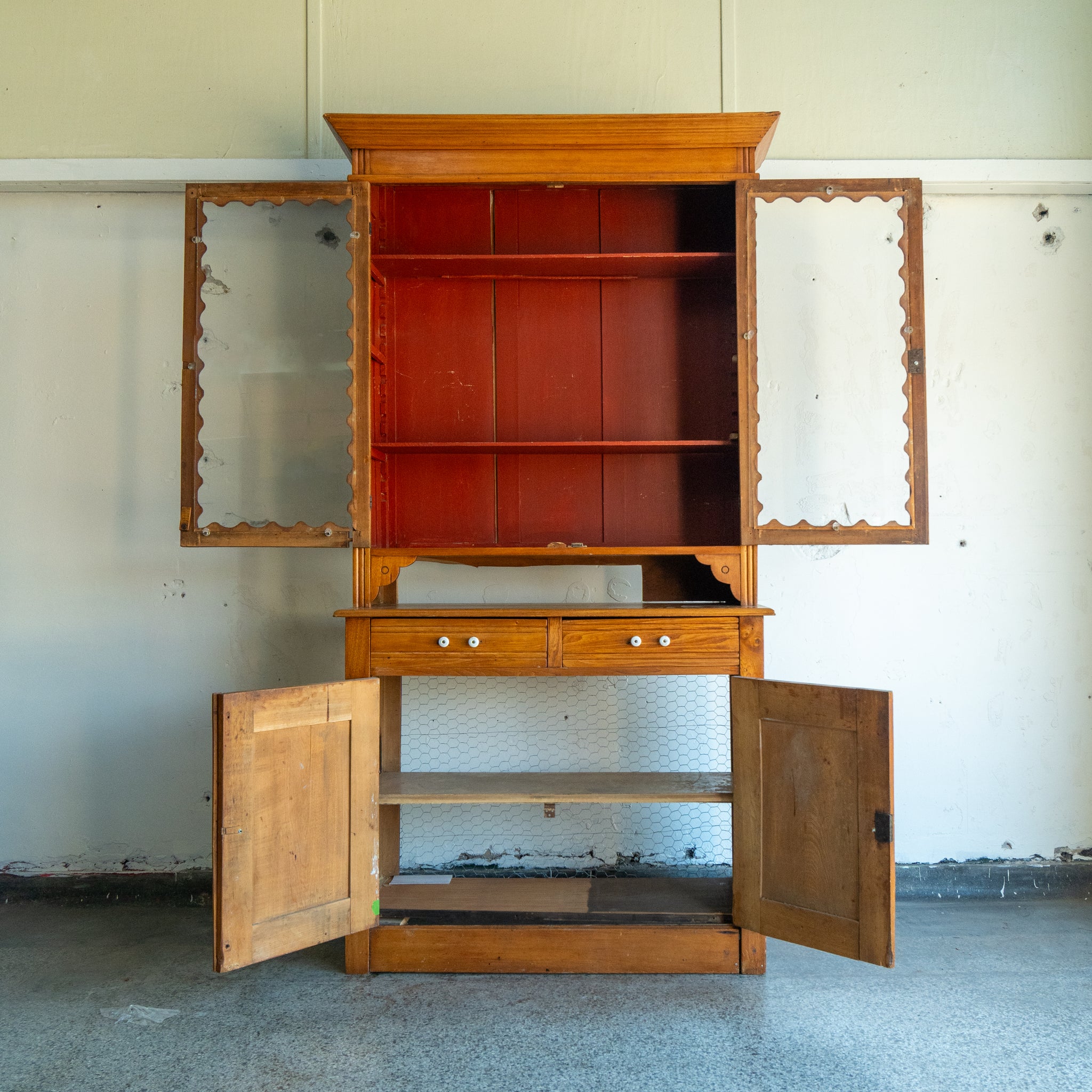 antique gingerbread hutch open view reclaimed wood