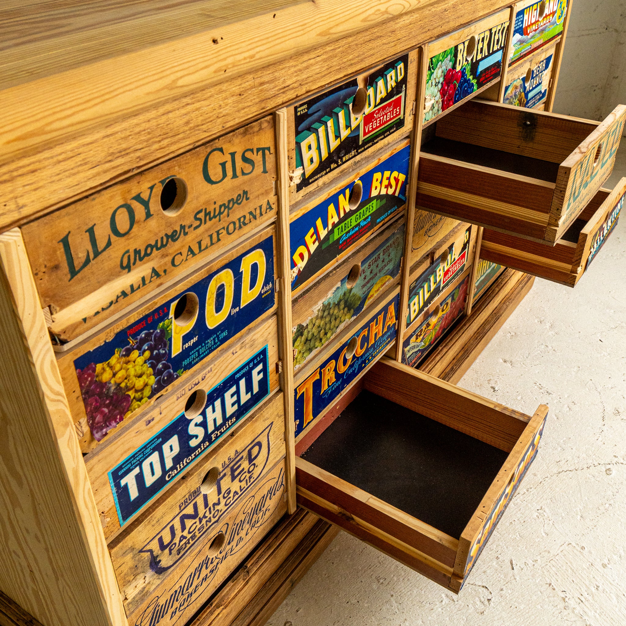 fruit crate apothecary cabinet 1 detail view reclaimed wood