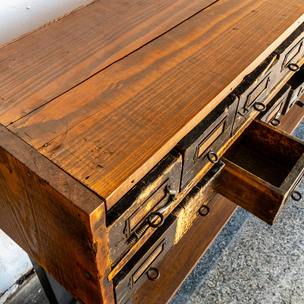 Detroit Hardware Co. Multi Drawer Entry Table top and detail view