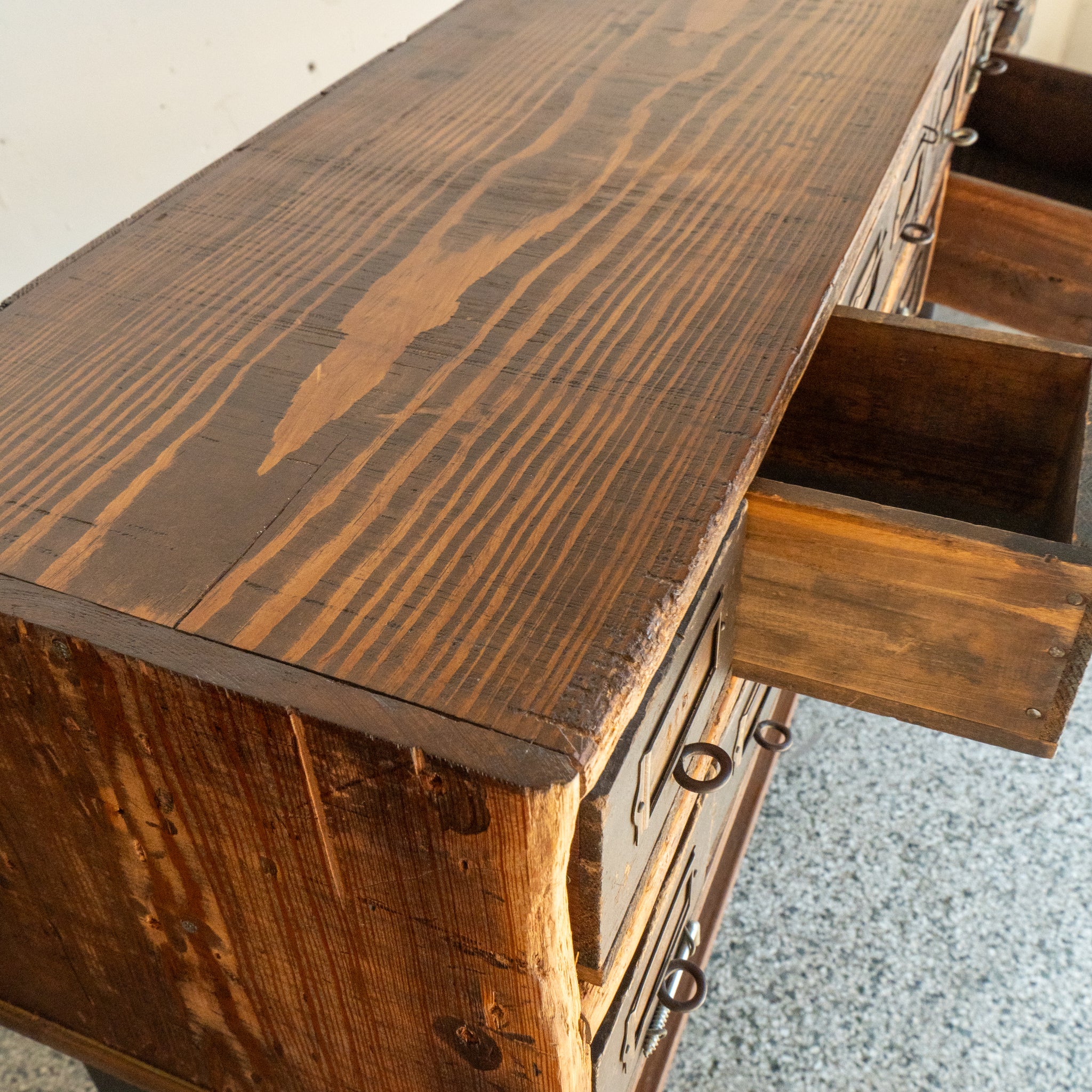 Detroit hardware co entry table top and detail view reclaimed wood