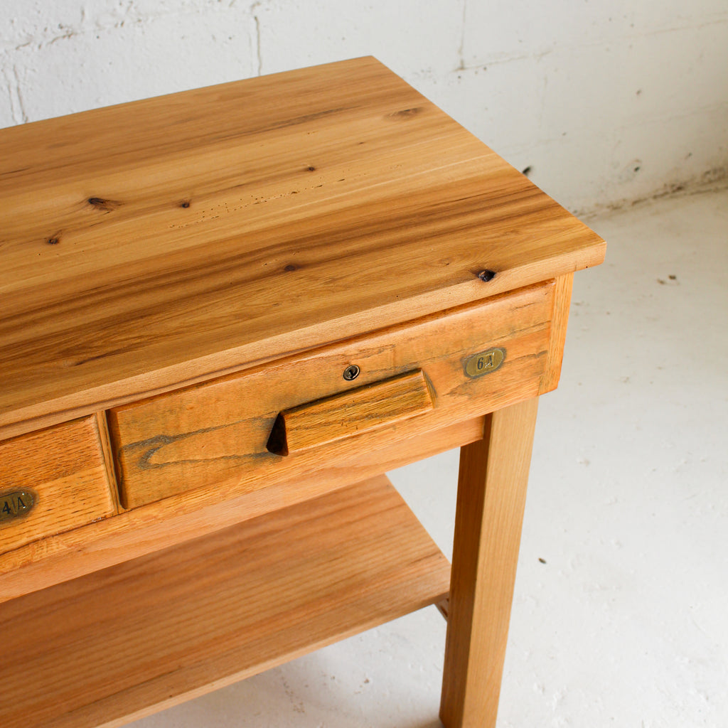marygrove entry table close up detail drawer reclaimed wood
