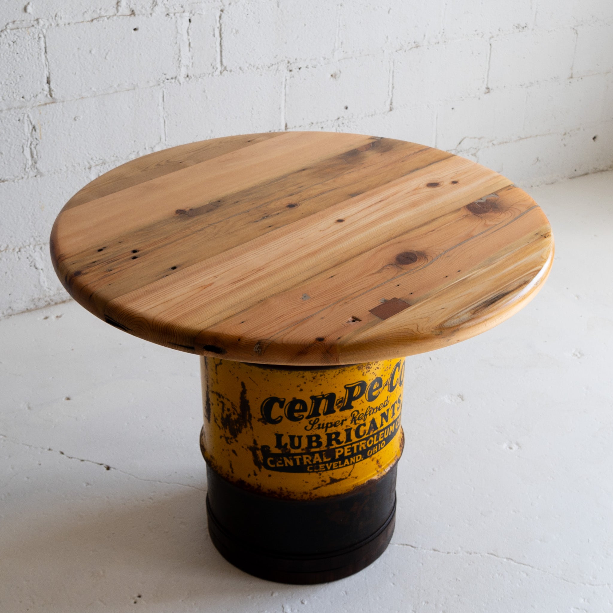 oil drum table top view pine top reclaimed wood