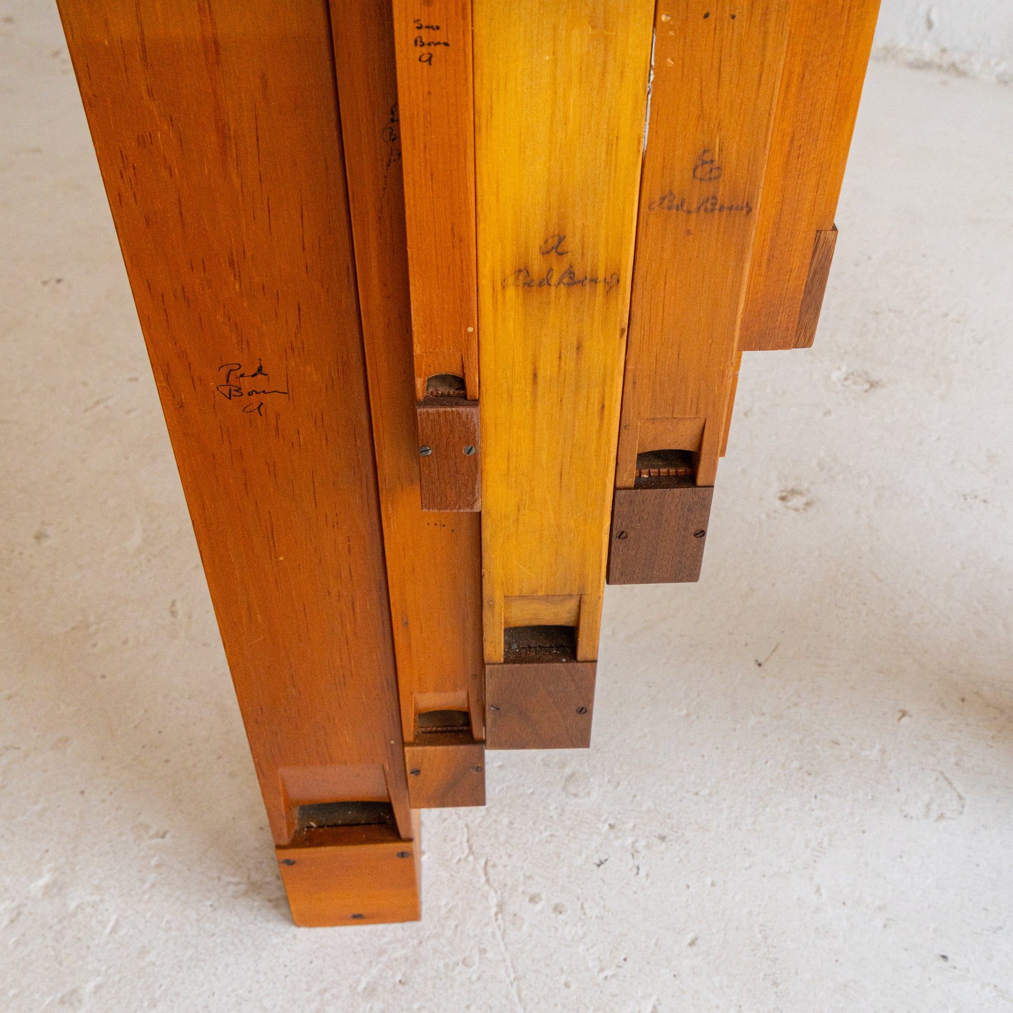 pipe organ entry table 8 close up detail reclaimed wood