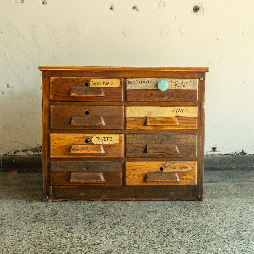 Vintage Oak multi drawer cabinet. Front view reclaimed wood