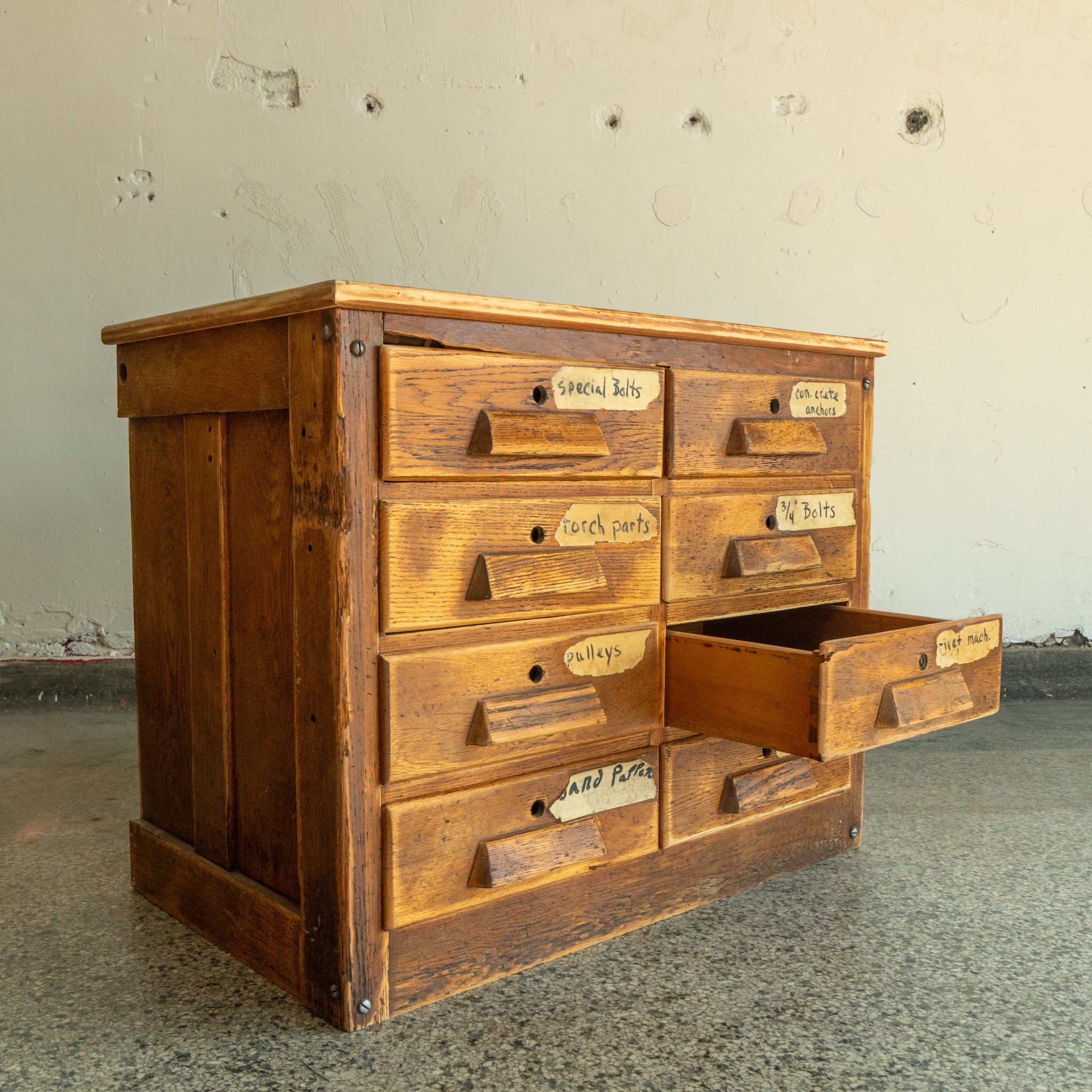 vintage oak multi drawer end table 3 side view reclaimed wood