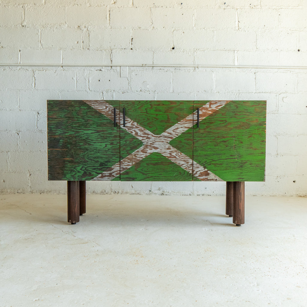 PS III Train Crossing credenza front view  green and white reclaimed wood