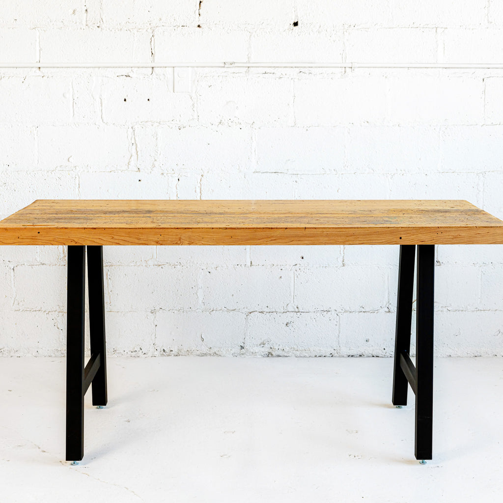 industrial butcher block dining table front view reclaimed wood