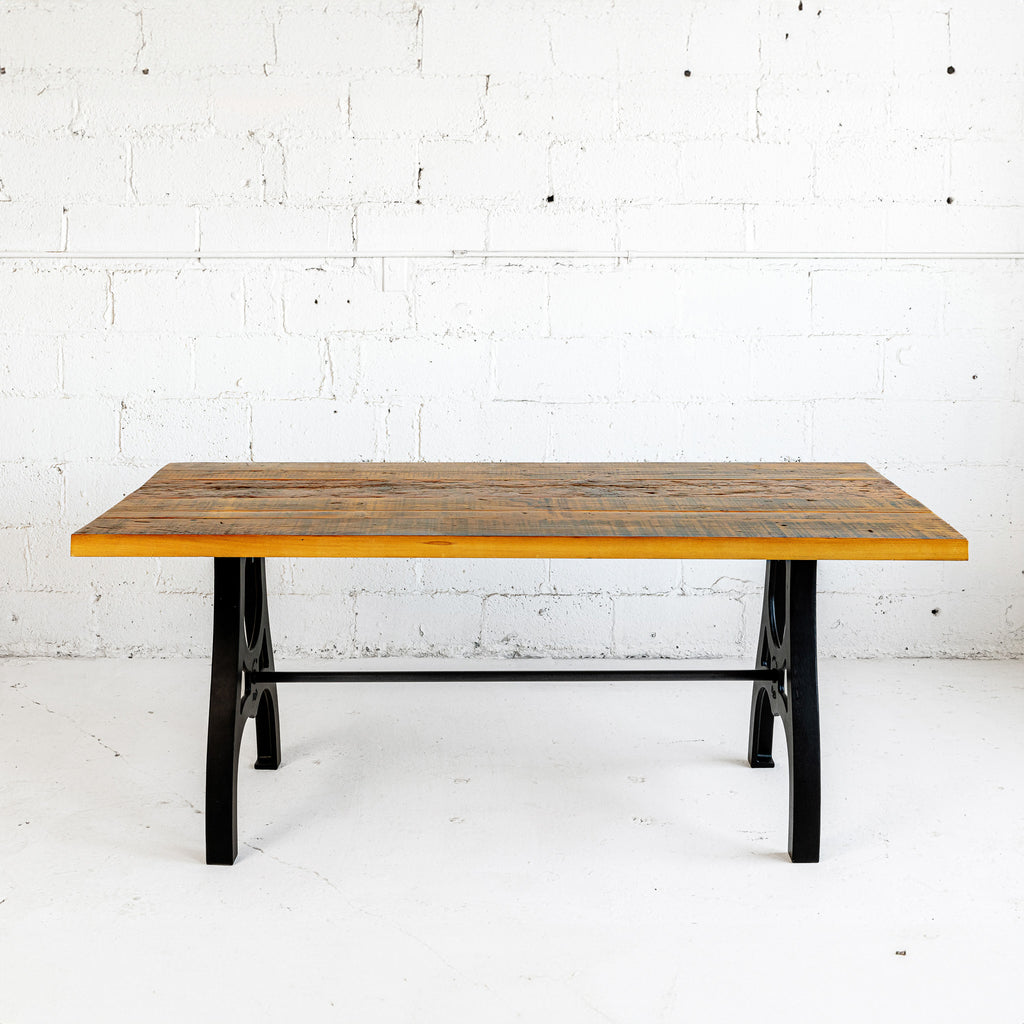 Ella Dining Table front view with stretcher reclaimed wood