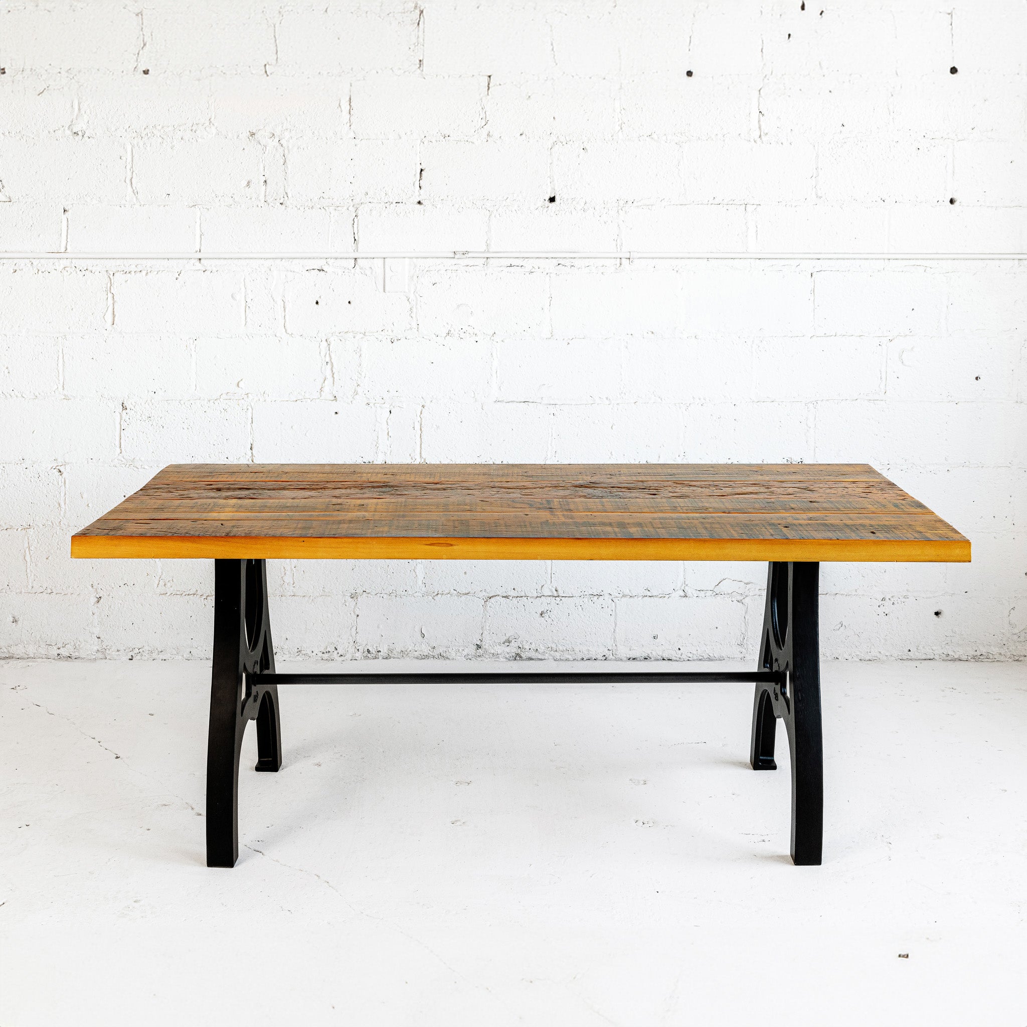 Ella Dining Table front view with stretcher reclaimed wood