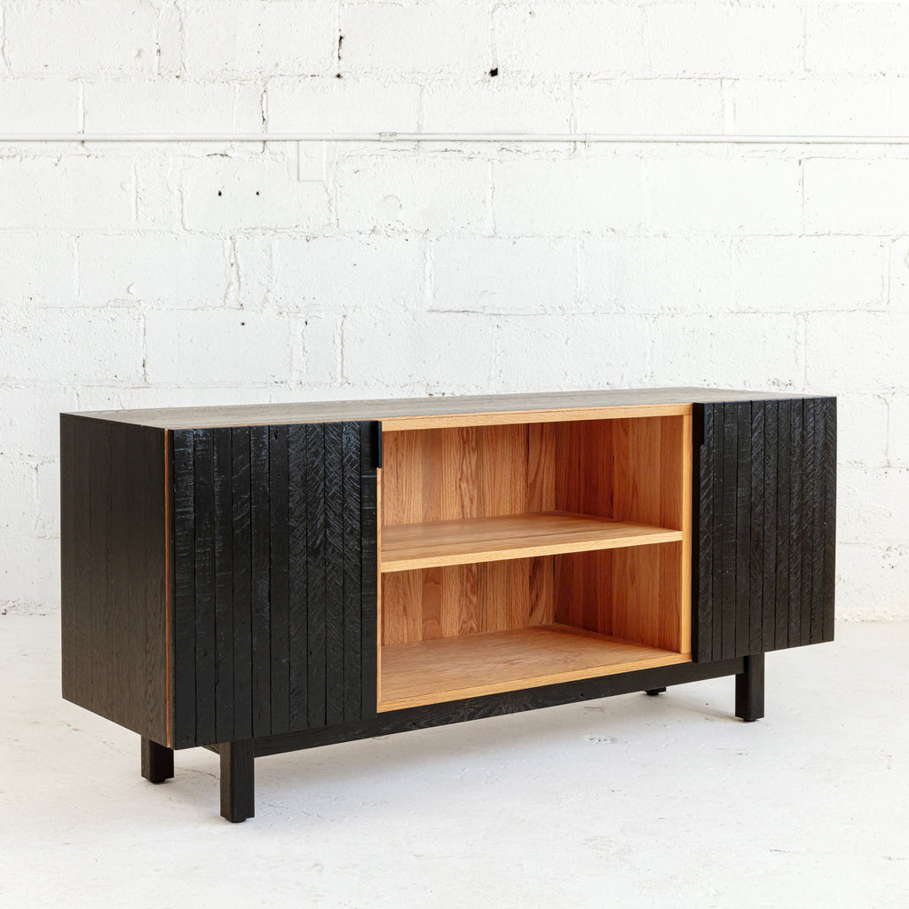 Modern Lath Credenza Black Lacquer Front and side view reclaimed wood