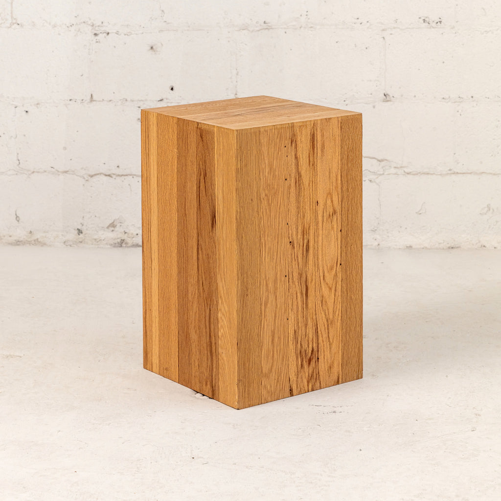 Modern Block End Table Oak Front View reclaimed wood