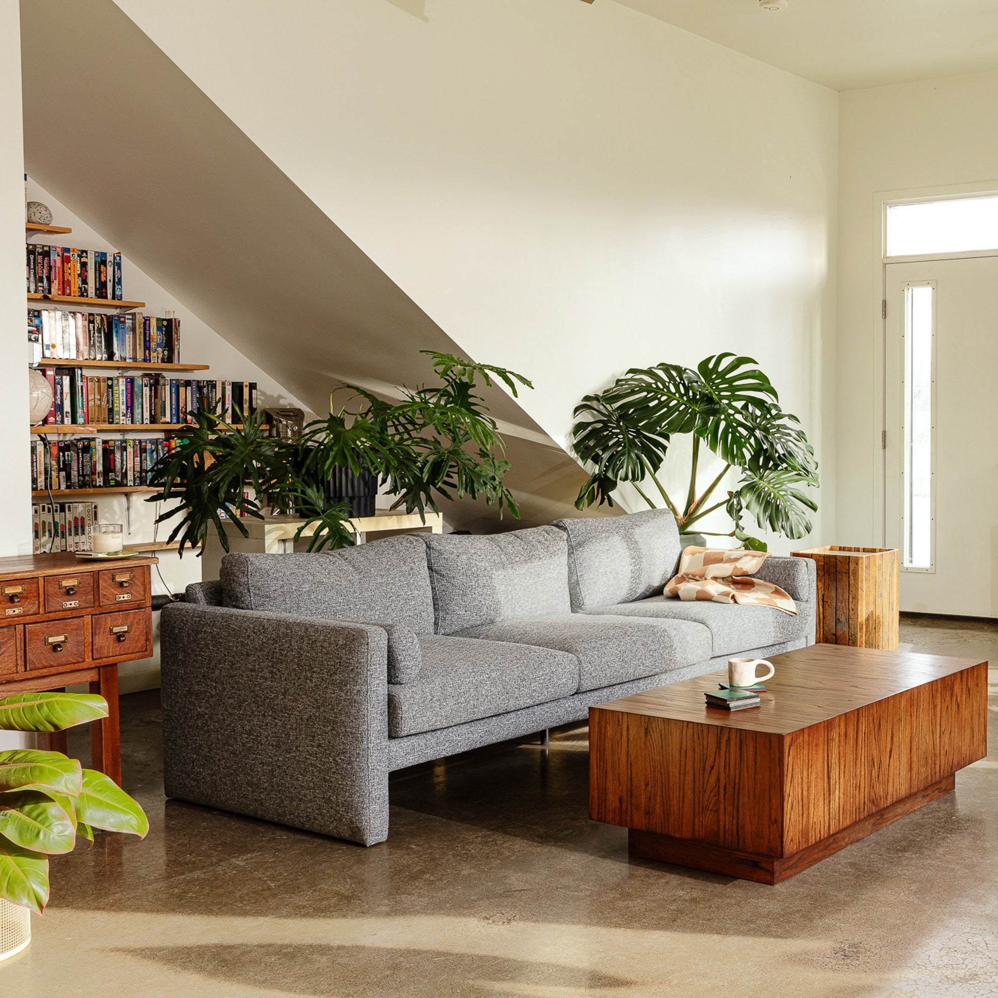 laurel sofa Roberts granite living view with modern block coffee table