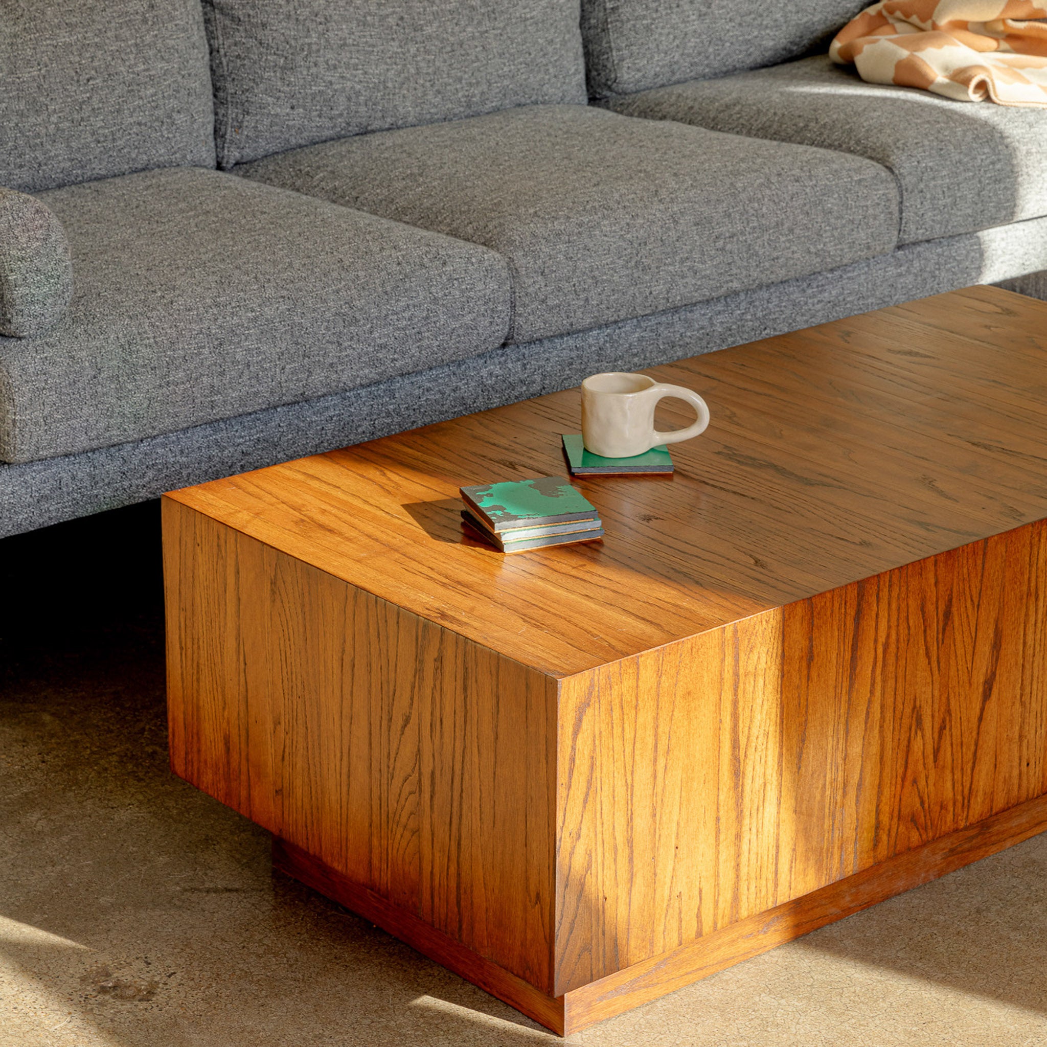 modern block coffee table reclaimed oak, living room shot