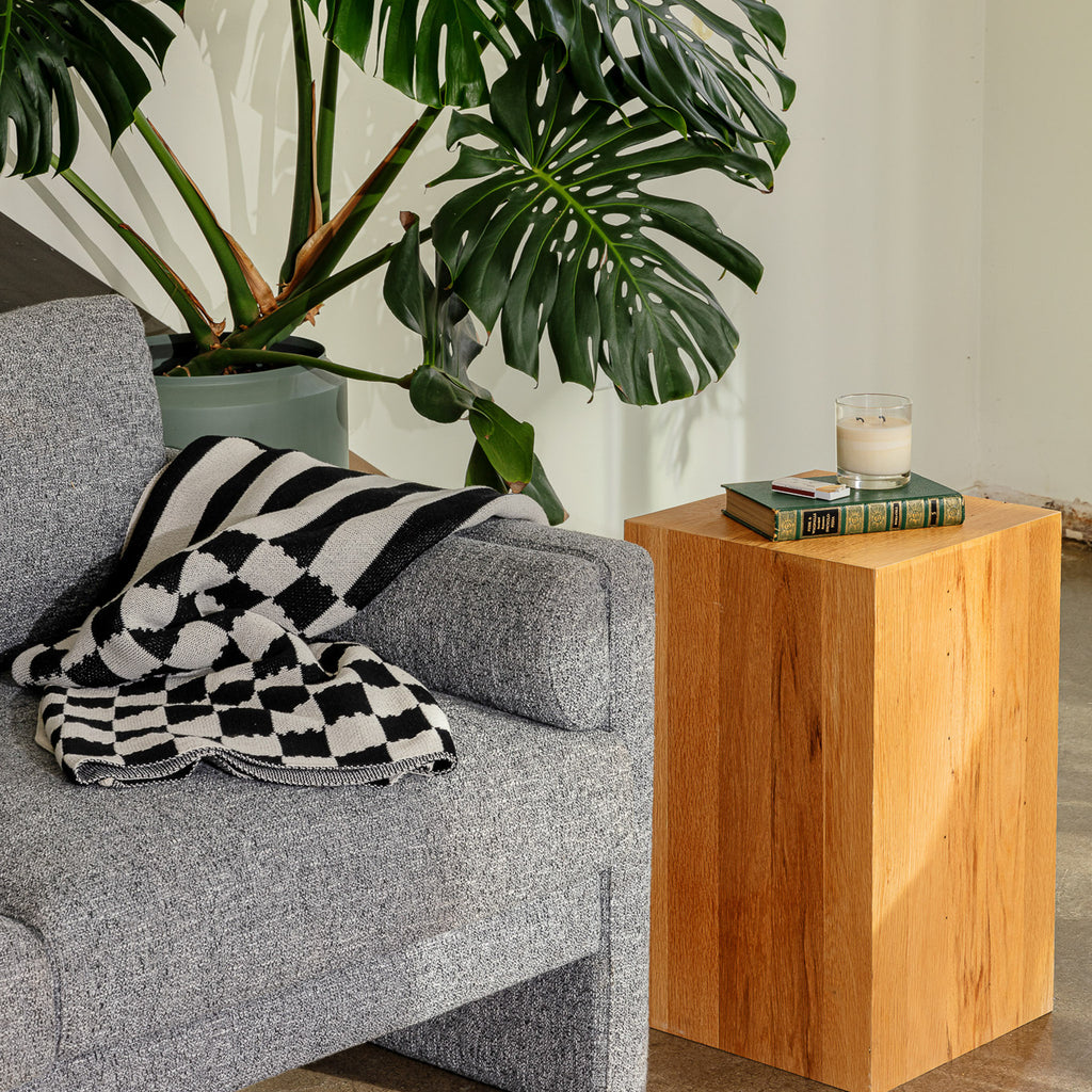 Modern Block End Table in living room reclaimed wood
