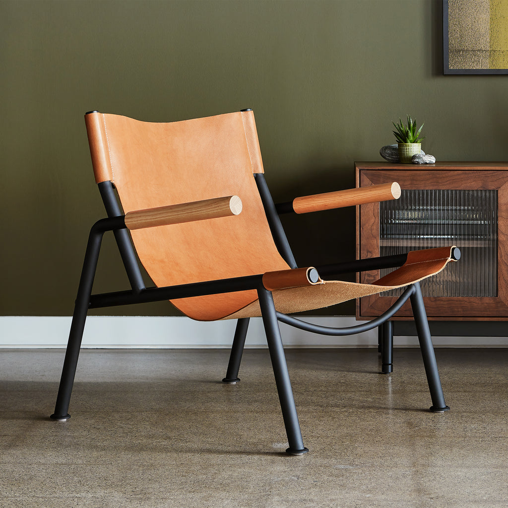 Wyatt sling chair sorrel Havana leather full view