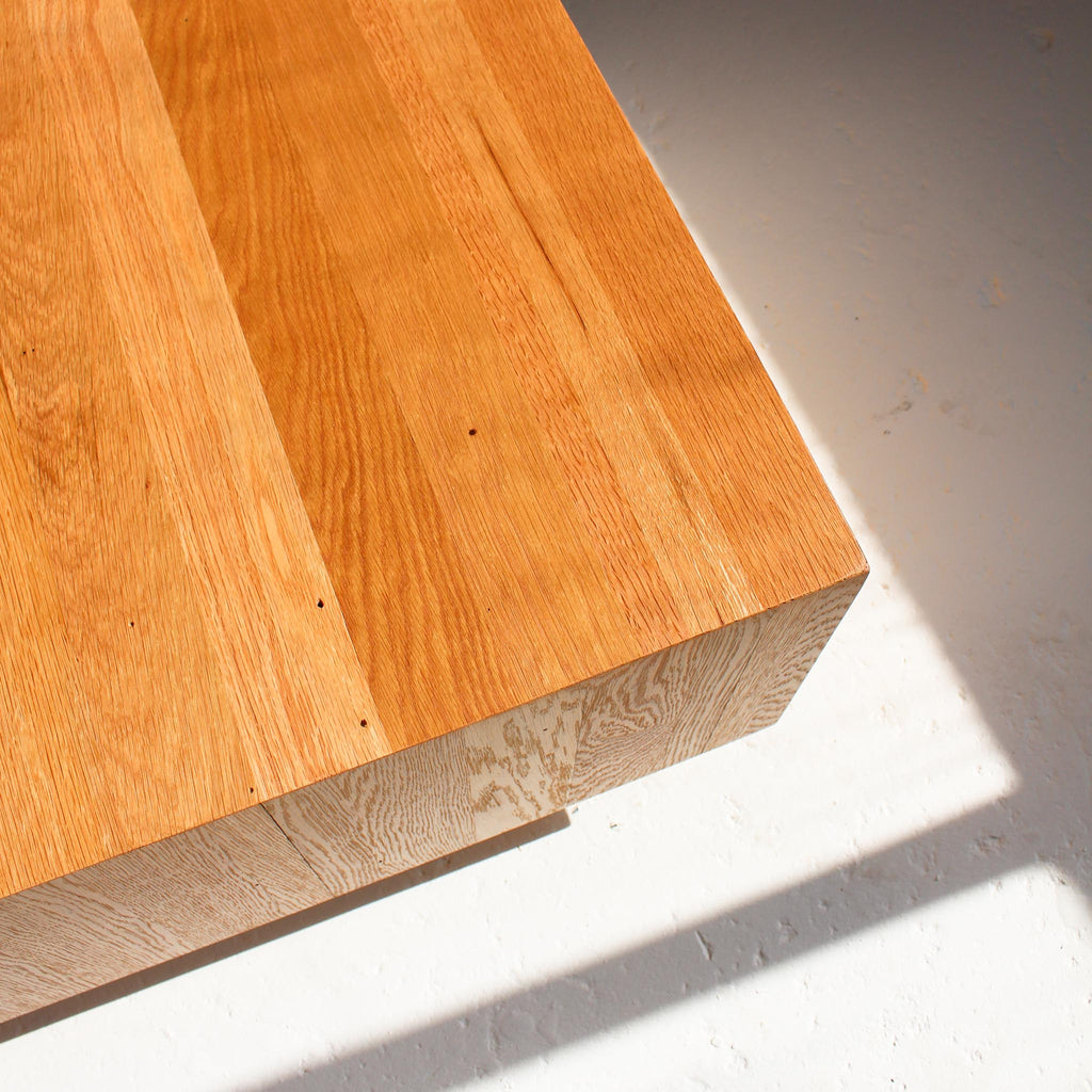 modern block coffee table reclaimed oak close up view