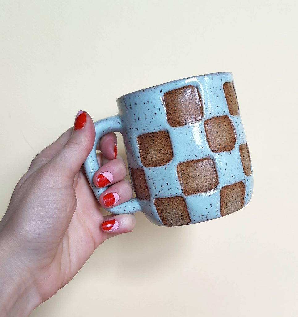 Handmade checkered mug blue ceramic