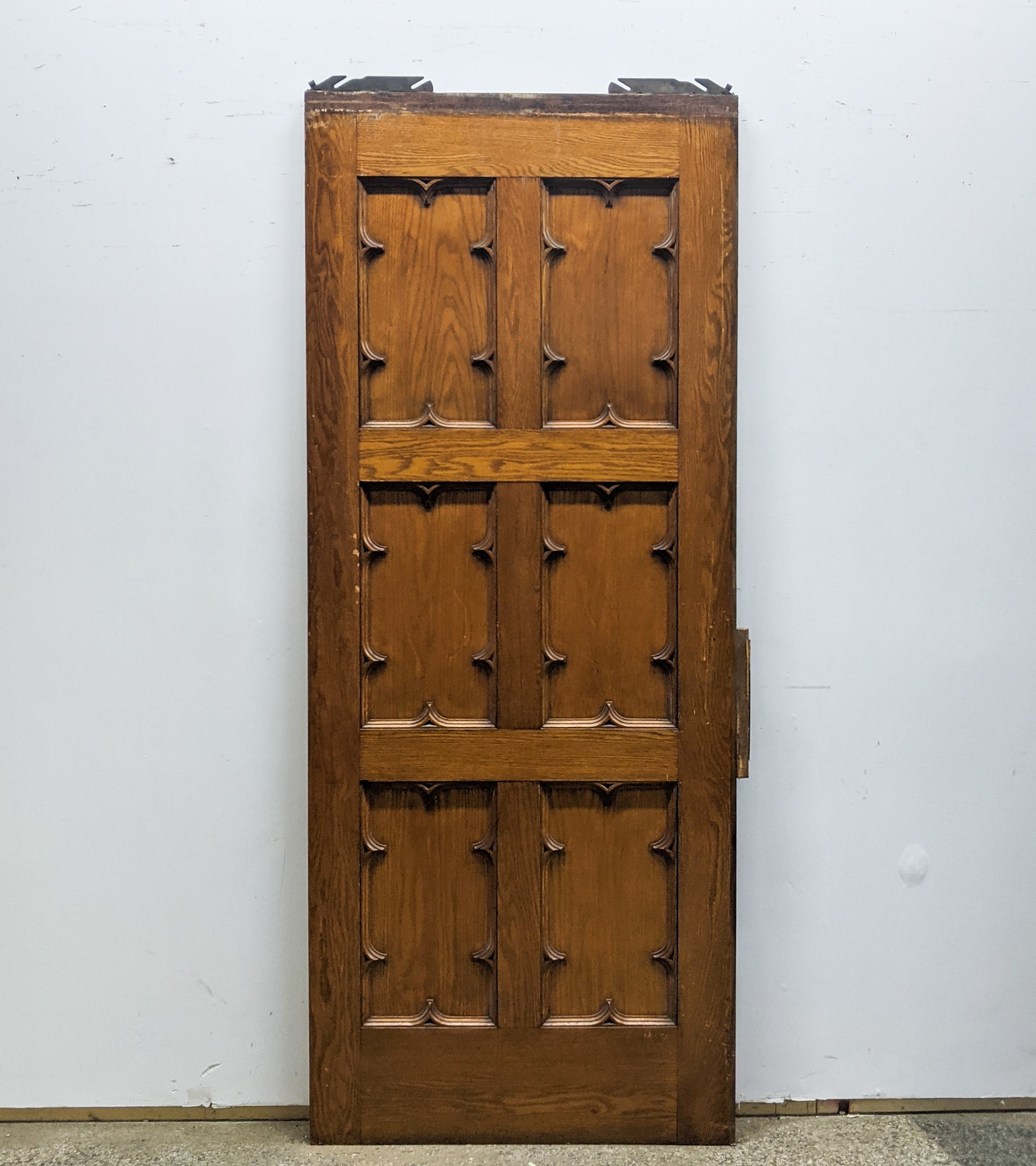 Baroque style quarter folio pocket door front view reclaimed wood antique