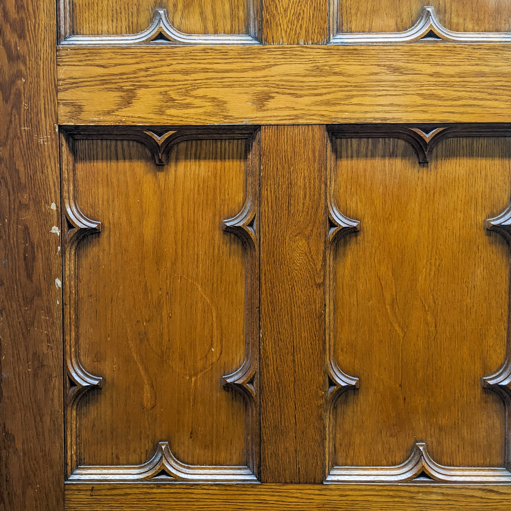 Baroque style quarter folio pocket door close up detail view reclaimed wood antique