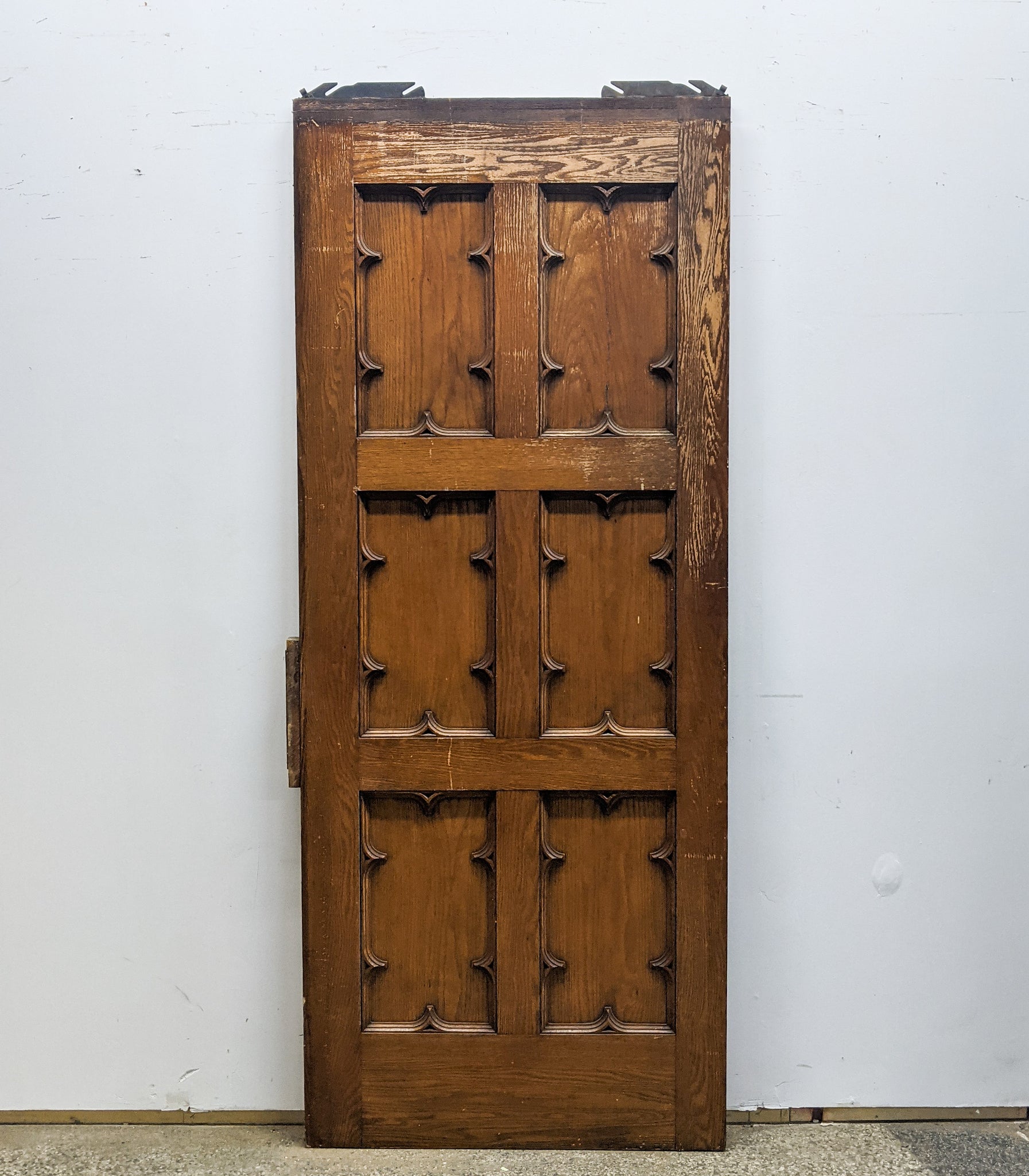 Baroque style quarter folio pocket door front view reclaimed wood antique