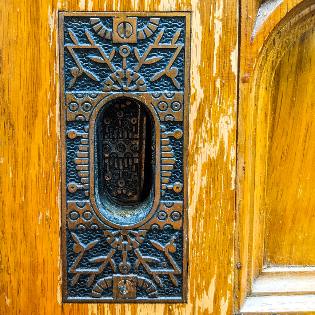 baroque style quarter folio doors close up detail view reclaimed wood antique